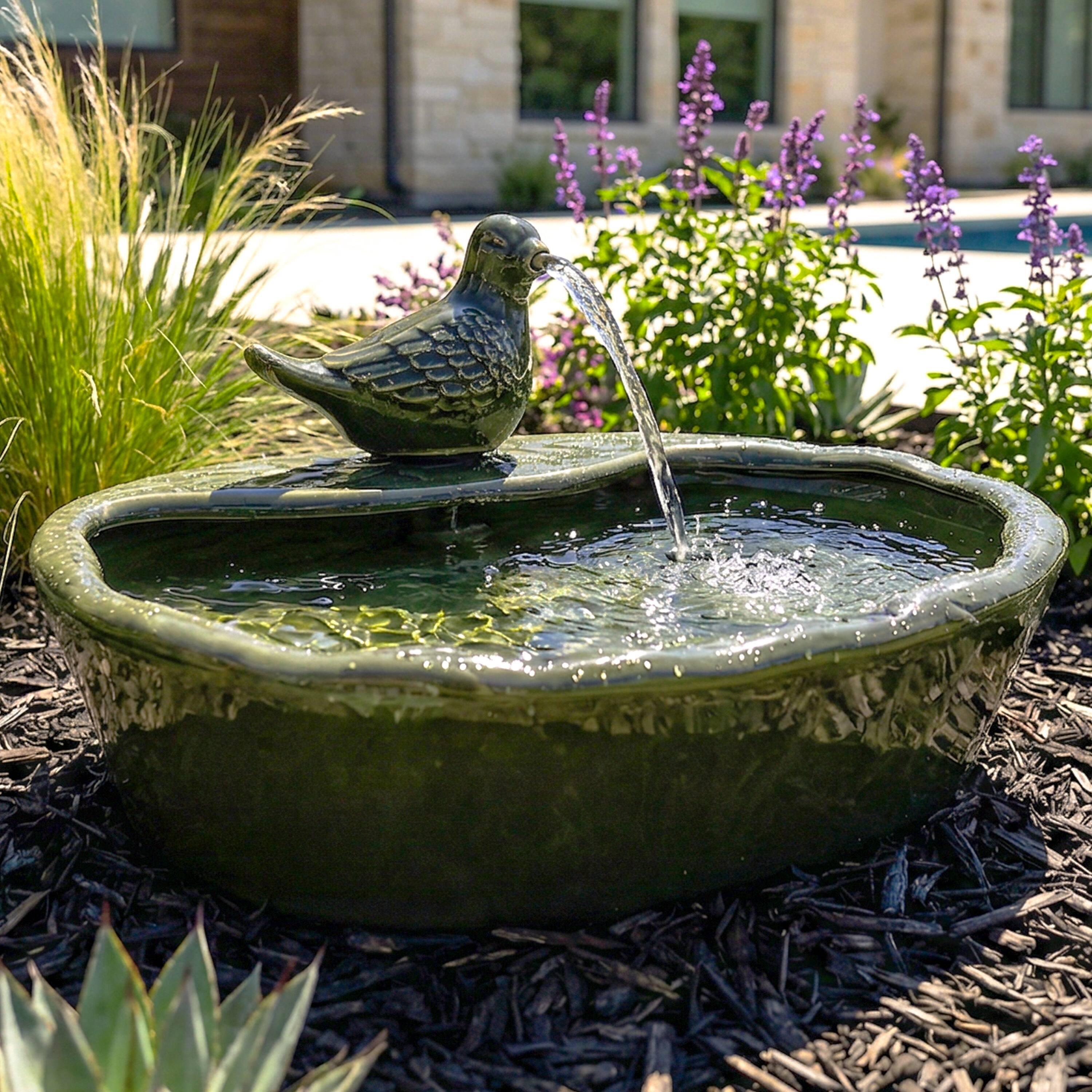 Alt View 7. Sunnydaze - Dove Glazed Ceramic Outdoor Solar Water Fountain - 7 in - Dark Green.