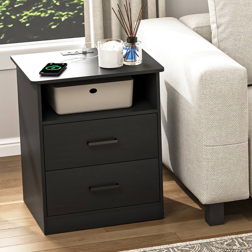 Angle. Spaco - Spaco Set of 2 Nightstand with 2 Drawers, Fast Charging Station, USB C, AC Outlets,Bedside Table for Bedroom Living Room - Black.