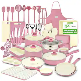 NutriChef - 54-Piece Kitchen Cookware Set – Complete Non-Stick Ceramic Pots and Pans Set with Utensils - Pink