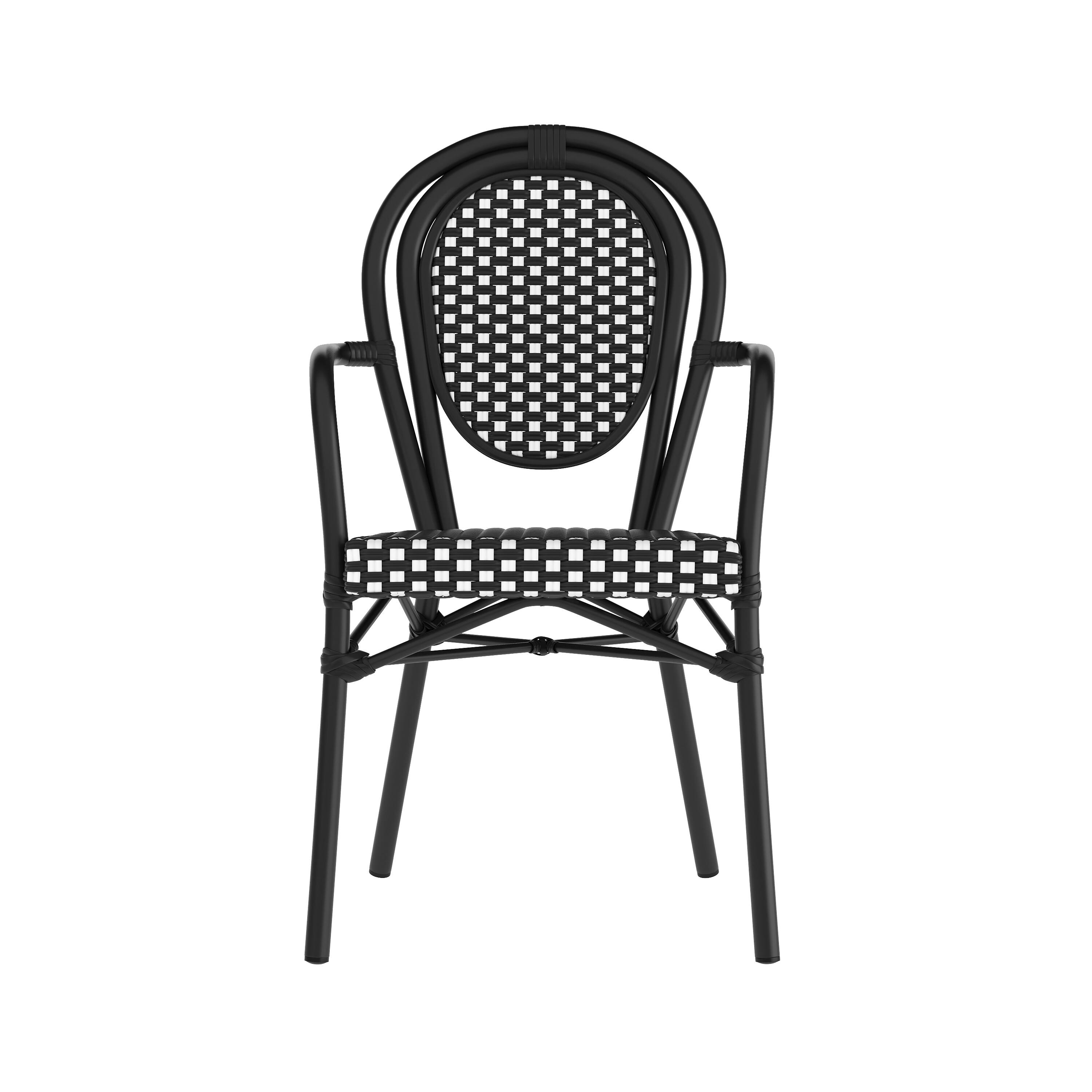 Angle. Flash Furniture - Lourdes Indoor/Outdoor Commercial Thonet Bistro Stacking Chair with Arms, Black and White PE Rattan and Black Aluminum F - Black.