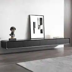 Front. POVISON - 95" Fully-Assembled Black Floating TV Stand Solid Wood - Black.