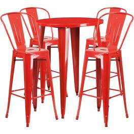 Emma + Oliver - Commercial Grade 30" Round Metal Indoor-Outdoor Bar Table Set with 4 Cafe Stools - Red