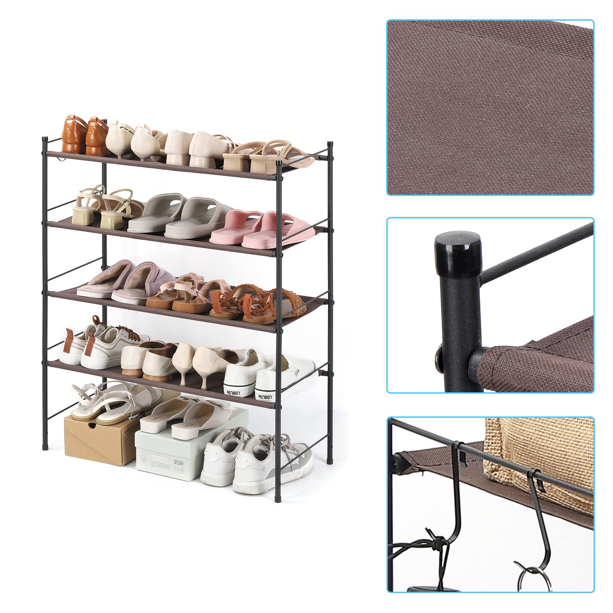 Back. Oumilen - 4-Tier Fabric Shoe Rack with Hooks, Brown - Black.