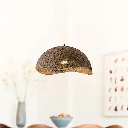 Front. Vaczon - Woven Rattan Pendant Light – Boho Hanging Lamp with Natural Woven Design for Living Room, Kitchen, and Entryway Decor - Dark Brown.