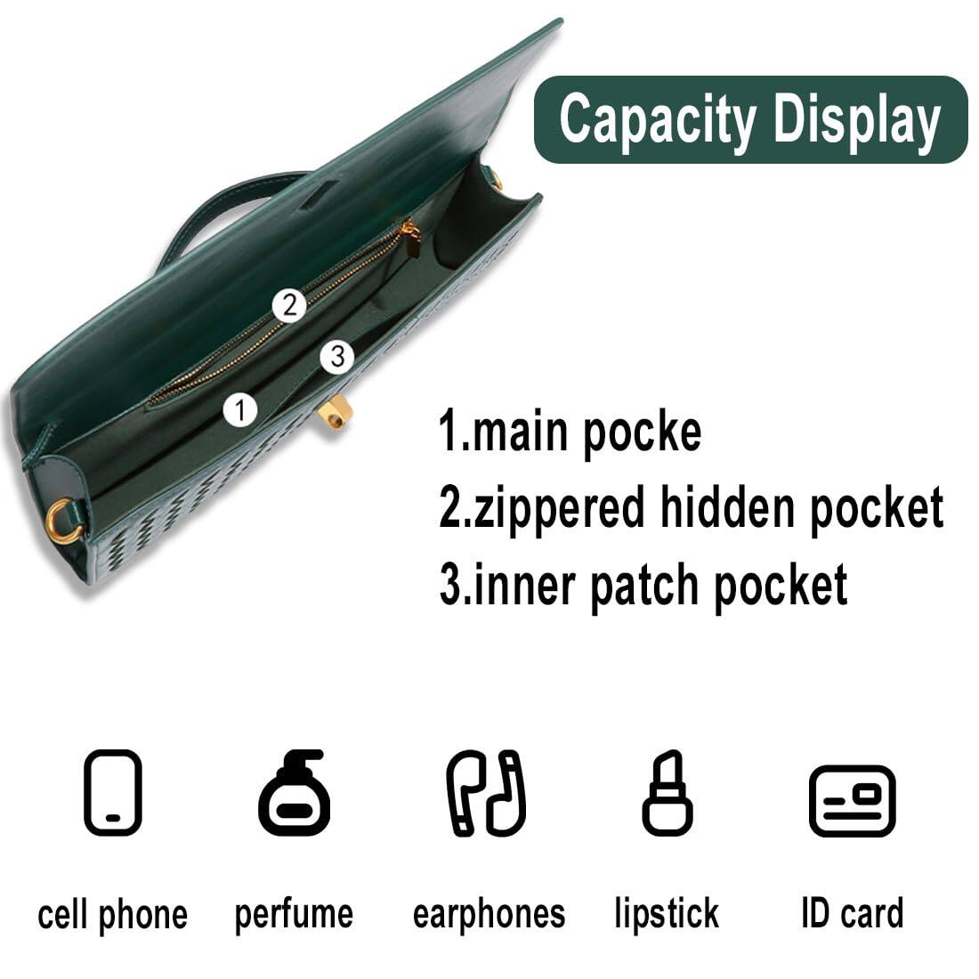 Capacity Display

1. main pocket  
2. zippered hidden pocket  
3. inner patch pocket  

- cell phone  
- perfume  
- earphones  
- lipstick  
- ID card