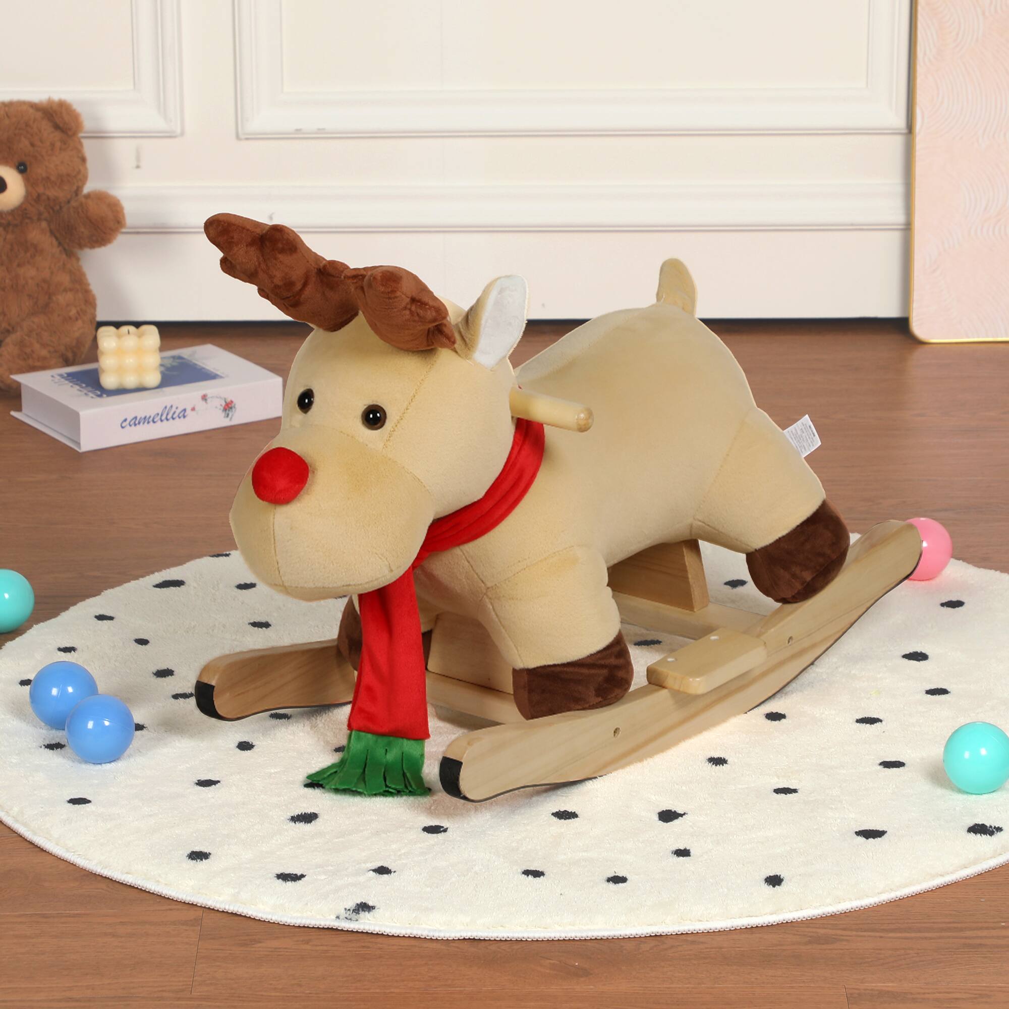 Front. Whisen - Plush Moose Rocking Horse Toy for Toddlers with Music,Safety Belt,Hand Puppets and Steel Frame - Apricot.