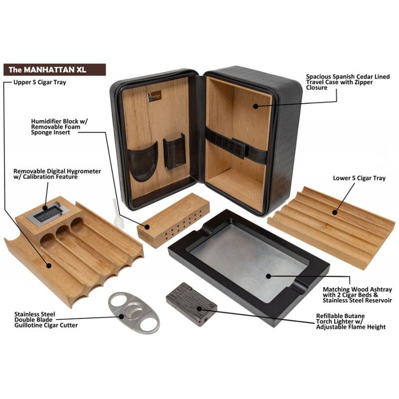 The MANHATTAN XL Upper 5 Cigar Tray Spacious Spanish Cedar Lined Travel Case with Zipper Closure Humidifier Block w/ Removable Foam Sponge Insert Removable Digital Hygrometer w/ Calibration Feature Lower 5 Cigar Tray Matching Wood Ashtray with 2 Cigar Beds & Stainless Steel Reservoir Stainless Steel Double Blade Guillotine Cigar Cutter Refillable Butane Torch Lighter w/ Adjustable Flame Height