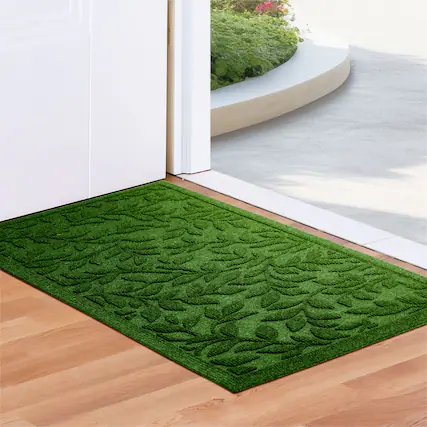 Front. G128 - Home Entrance Leaves Door Mat 17x29.5 In | Thick Absorbent Natural Rubber Non Slip Indoor/Outdoor Welcome Mat - Green.