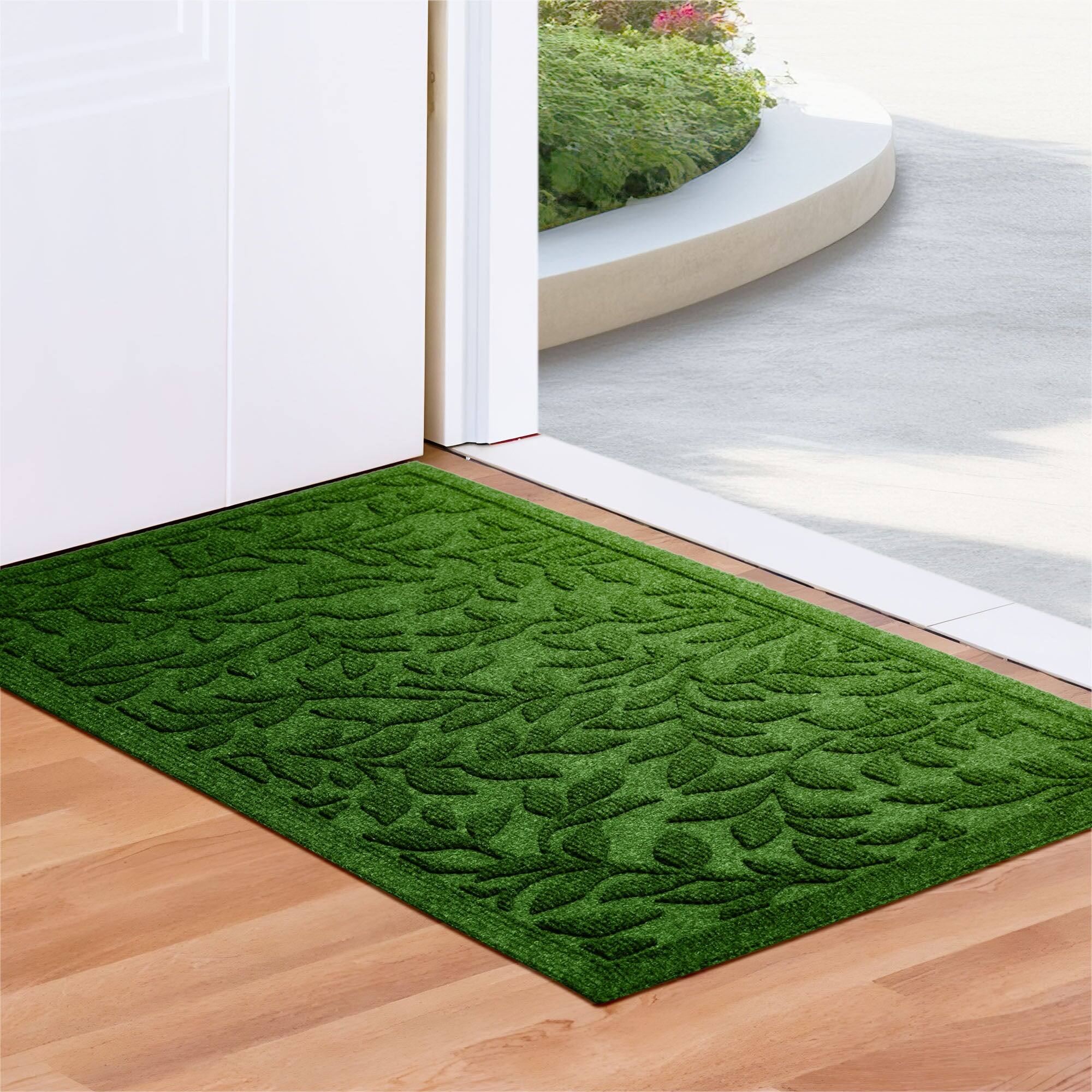 Front. G128 - Home Entrance Leaves Door Mat 17x29.5 In | Thick Absorbent Natural Rubber Non Slip Indoor/Outdoor Welcome Mat - Green.