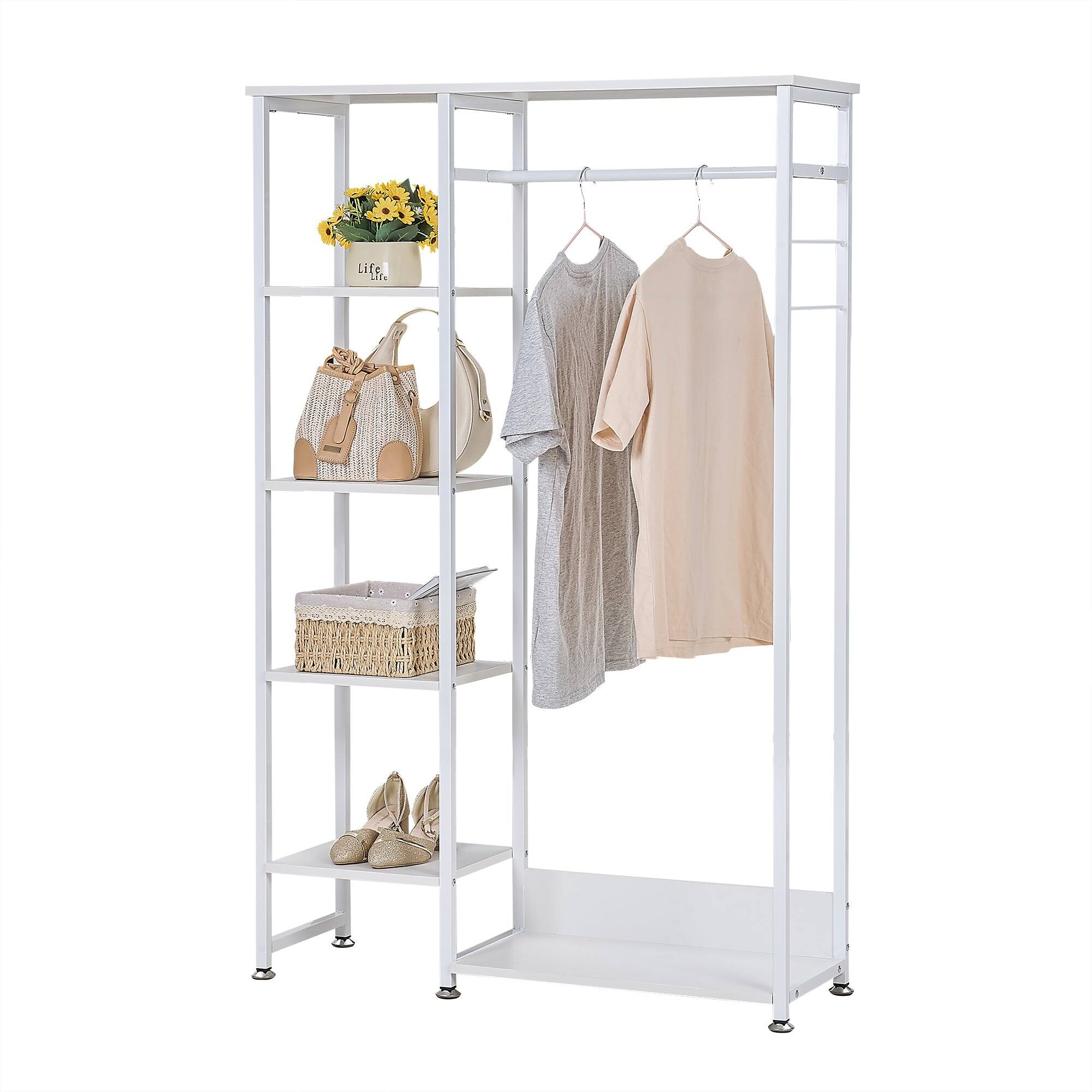 Front. Vecelo - Freestanding Closet Organizer with Shelves and Garment Rod, Heavy Duty Metal Clothing Rack for Small Spaces - White.