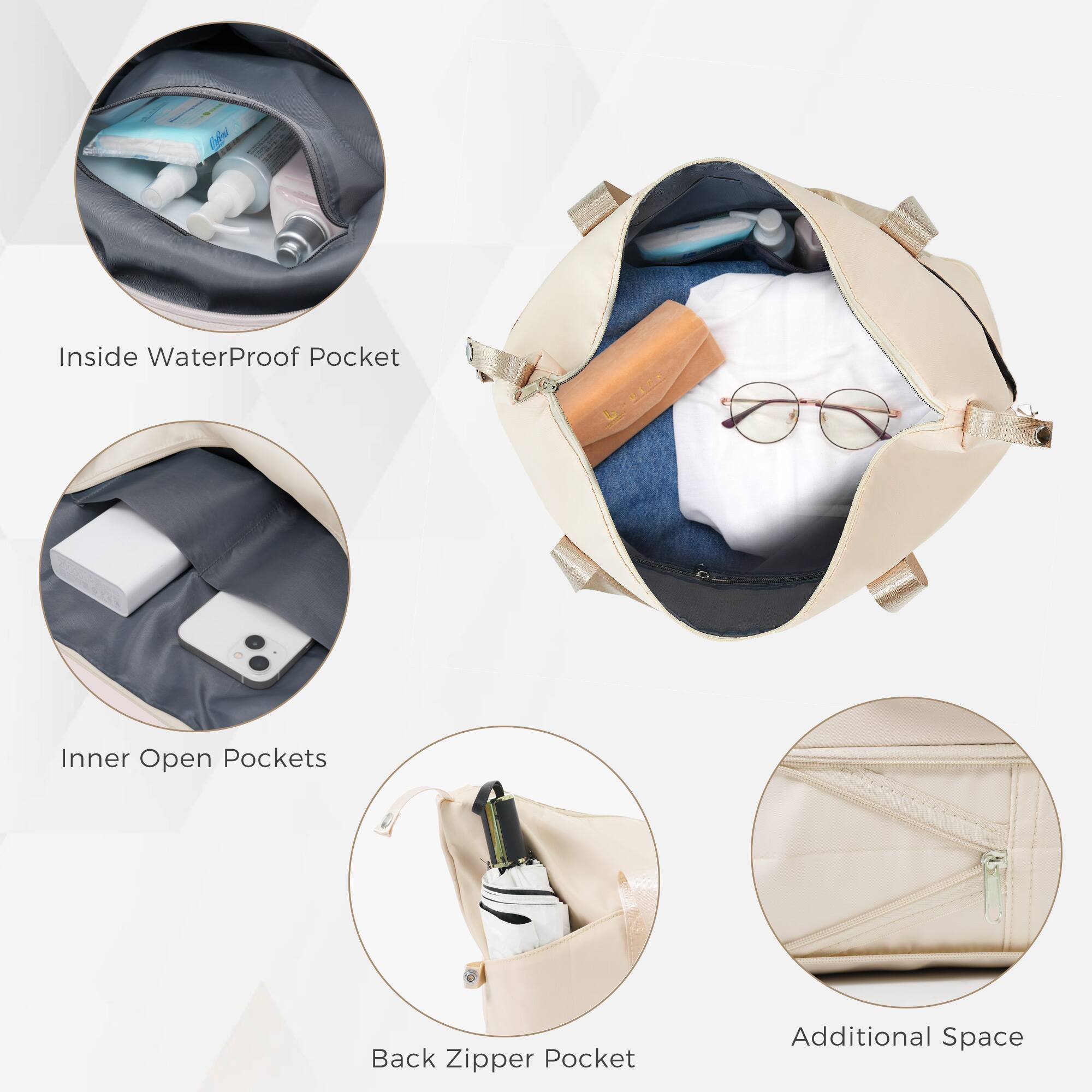 - Inside Waterproof Pocket
- Inner Open Pockets
- Back Zipper Pocket
- Additional Space