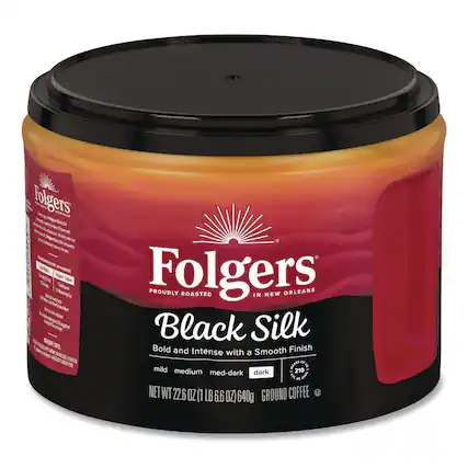 Folgers
Proudly Roasted in New Orleans
Black Silk
Bold and Intense with a Smooth Finish
Mild Medium Med-Dark Dark
Net WT 22.6 OZ (1 LB 6.6 OZ) 640g
Ground Coffee