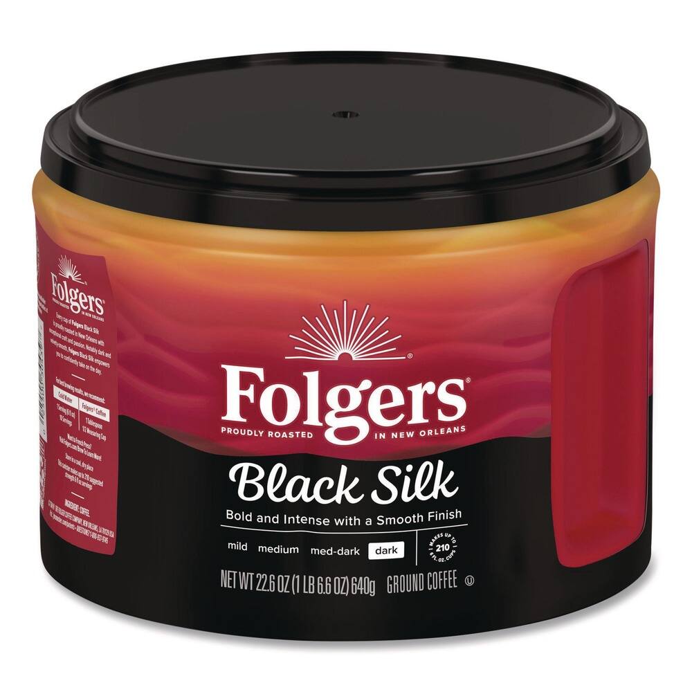 Folgers  
Proudly Roasted in New Orleans  
Black Silk  
Bold and Intense with a Smooth Finish  
Mild Medium Med-Dark Dark  
Net WT 22.6 OZ (1 LB 6.6 OZ) 640g  
Ground Coffee