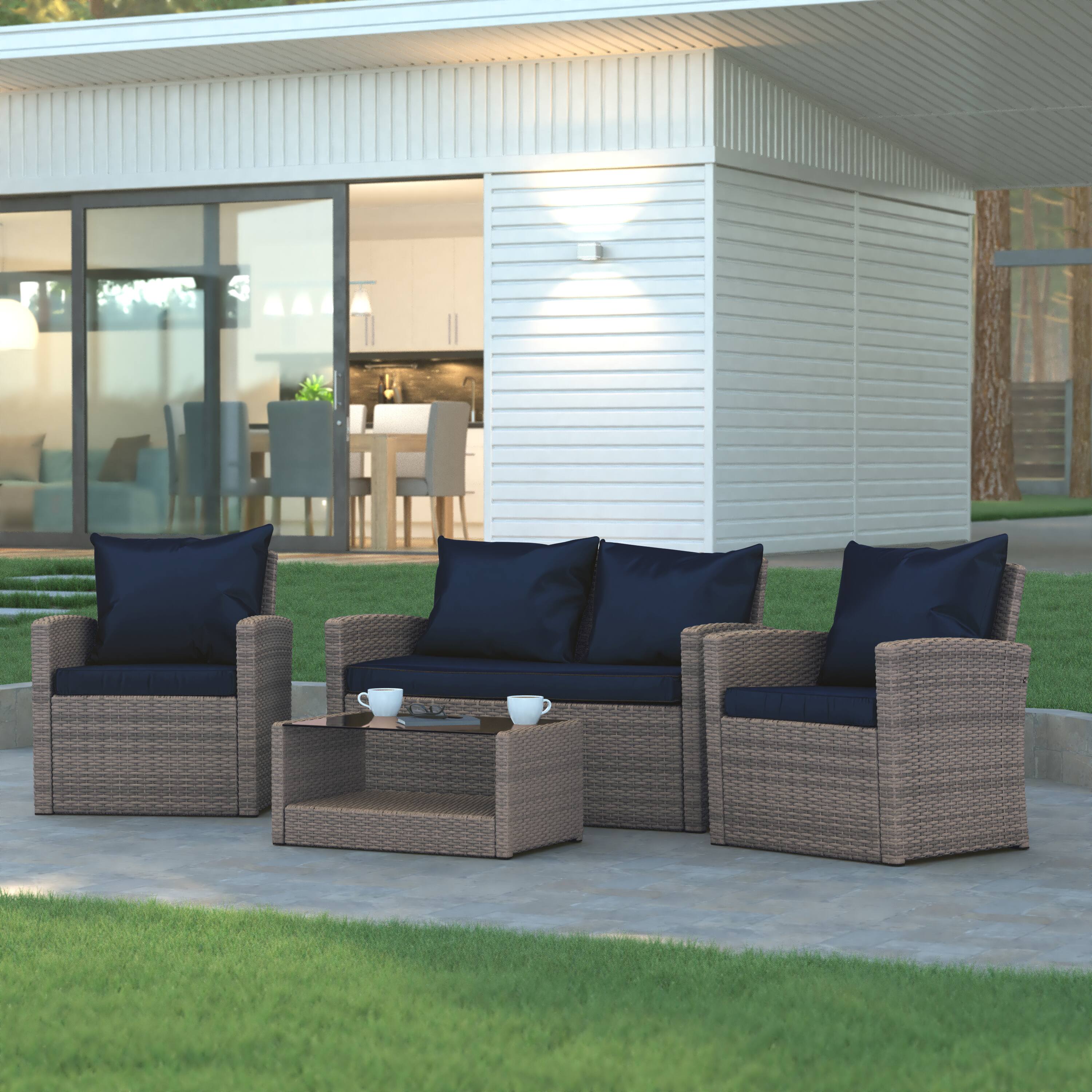 Alt View 1. Emma + Oliver - 4 Piece Patio Set with Gray Back Pillows & Seat Cushions - Outdoor Seating - Navy Cushions/Light Gray Frame.
