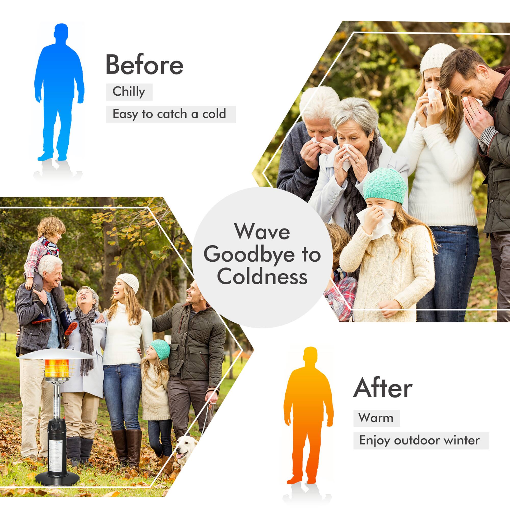 Before  
Chilly  
Easy to catch a cold  

Wave Goodbye to Coldness  

After  
Warm  
Enjoy outdoor winter