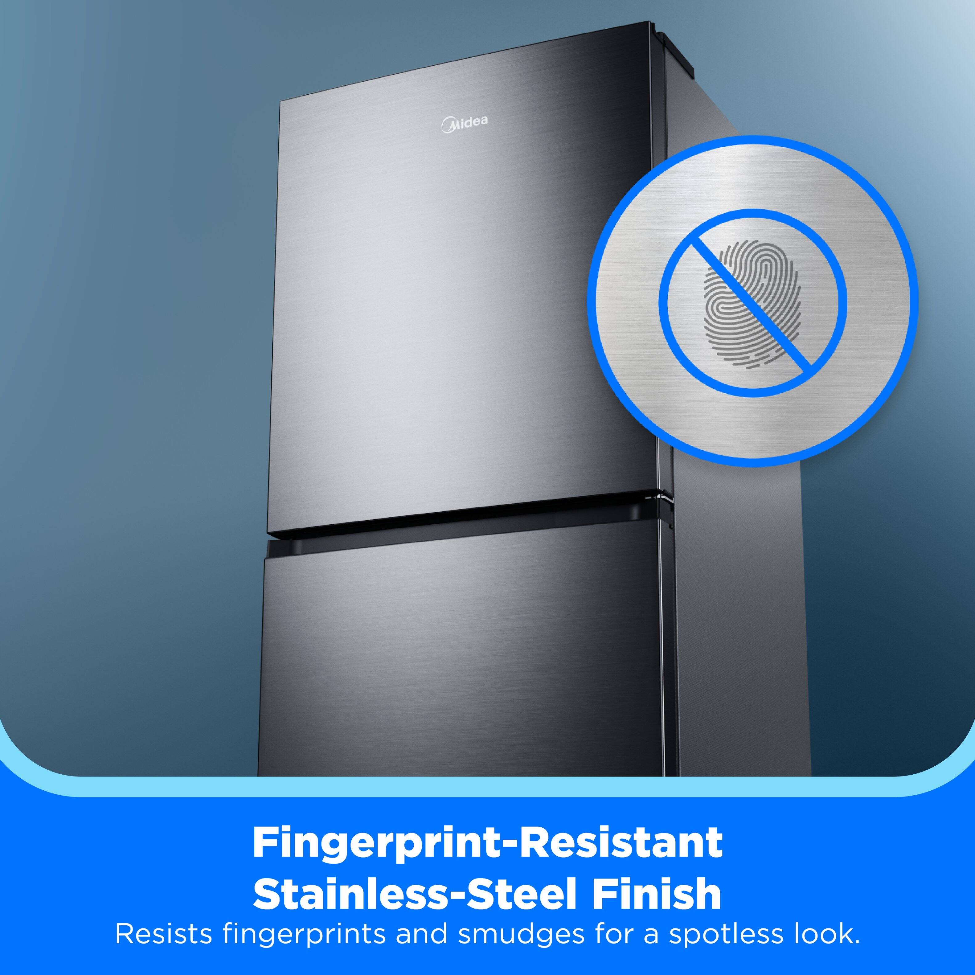 Midea Fingerprint-Resistant Stainless-Steel Finish Resists fingerprints and smudges for a spotless look.