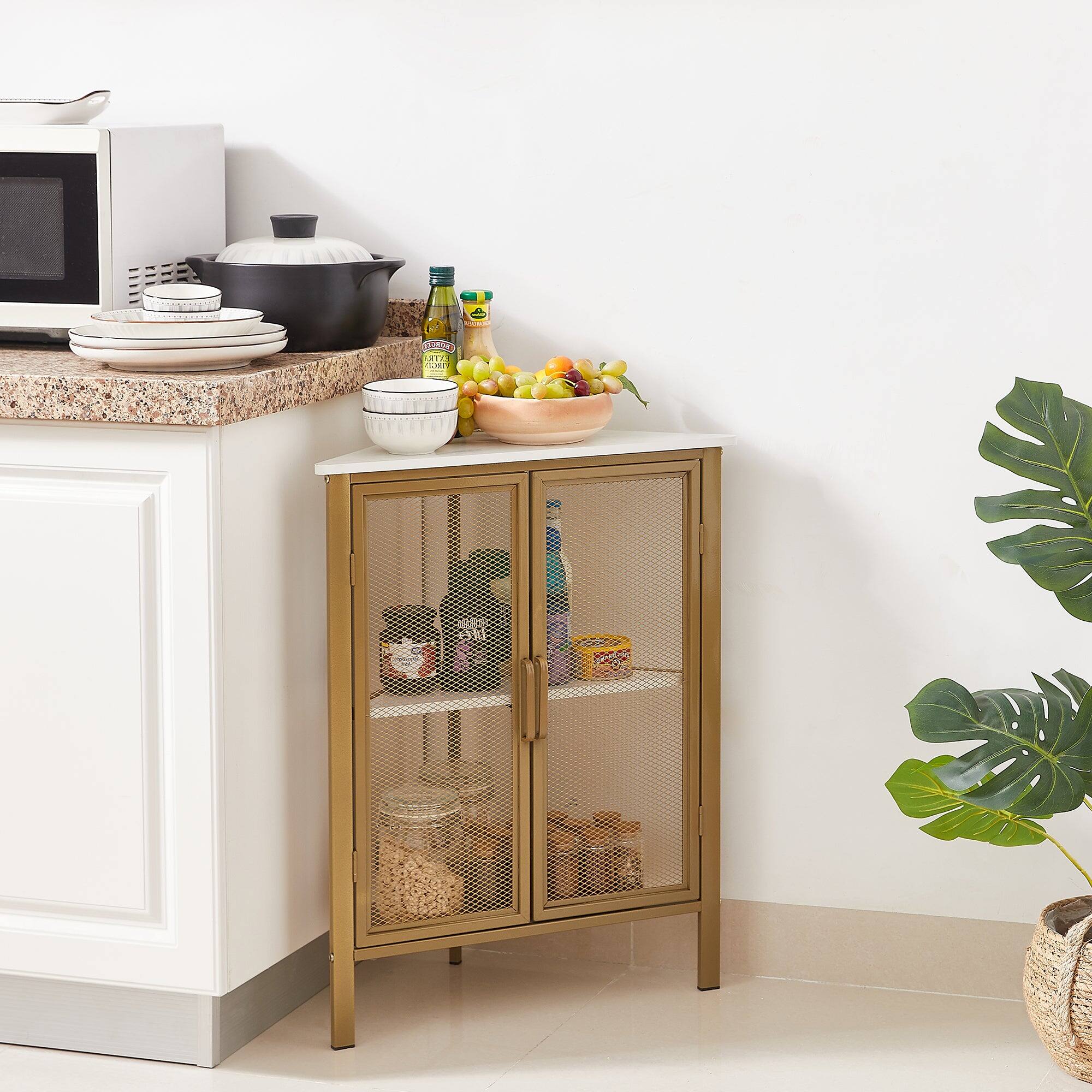 Back. Vecelo - Triangle Corner Storage Cabinet with Doors, Small Corner Cabinet with Shelves for Bathroom,Entryway - Gold.
