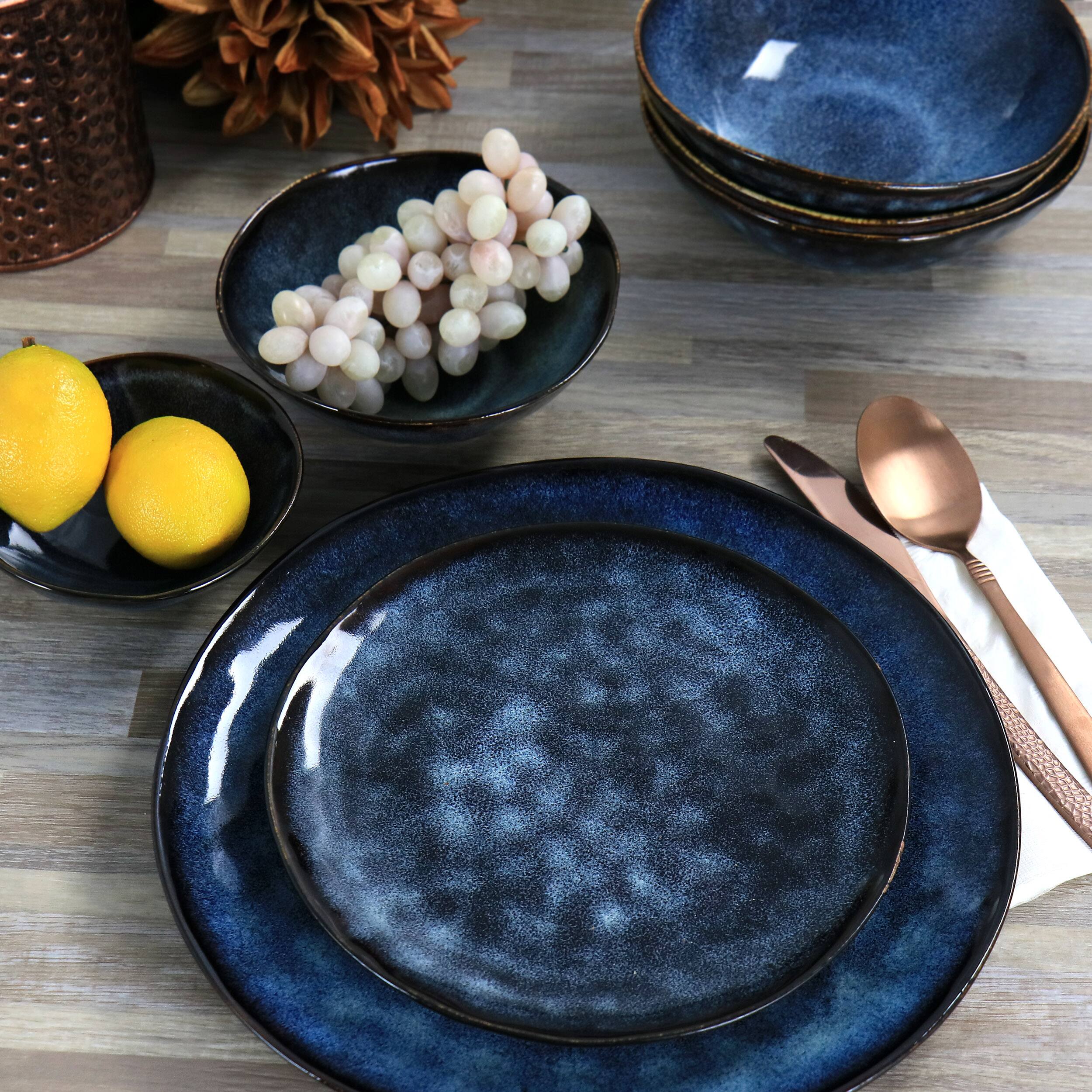 Alt View 7. Elama - Elama Lucca 20 Piece Round Stoneware Triple Bowl Dinnerware Set in Reactive Glaze Blue - Blue.