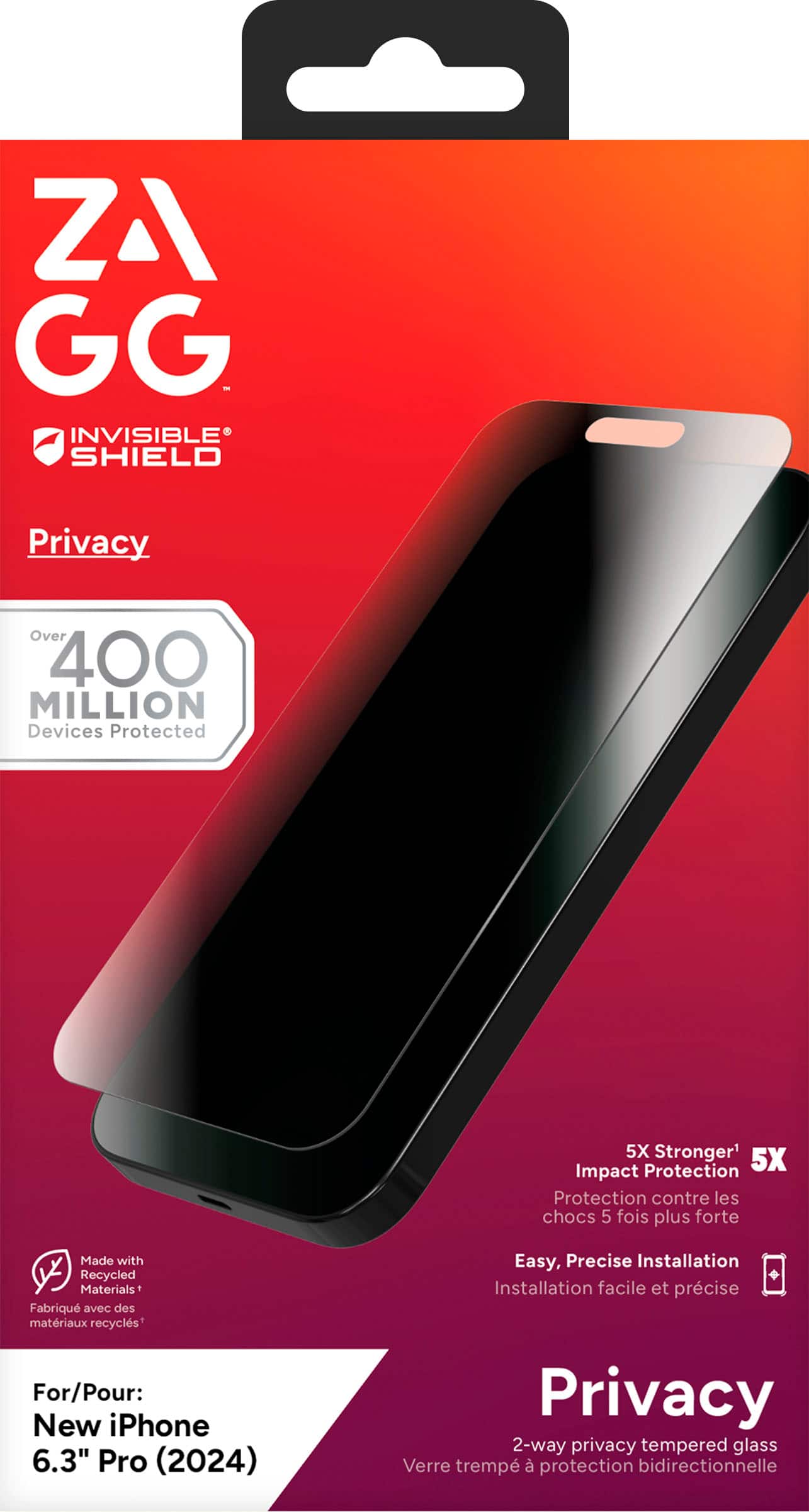ZAGG INVISIBLE SHIELD Privacy 2-way privacy tempered glass protection for New iPhone 6.3" Pro (2024) - 5X stronger protection against impact and drops, made with recycled materials. Easy, precise installation.