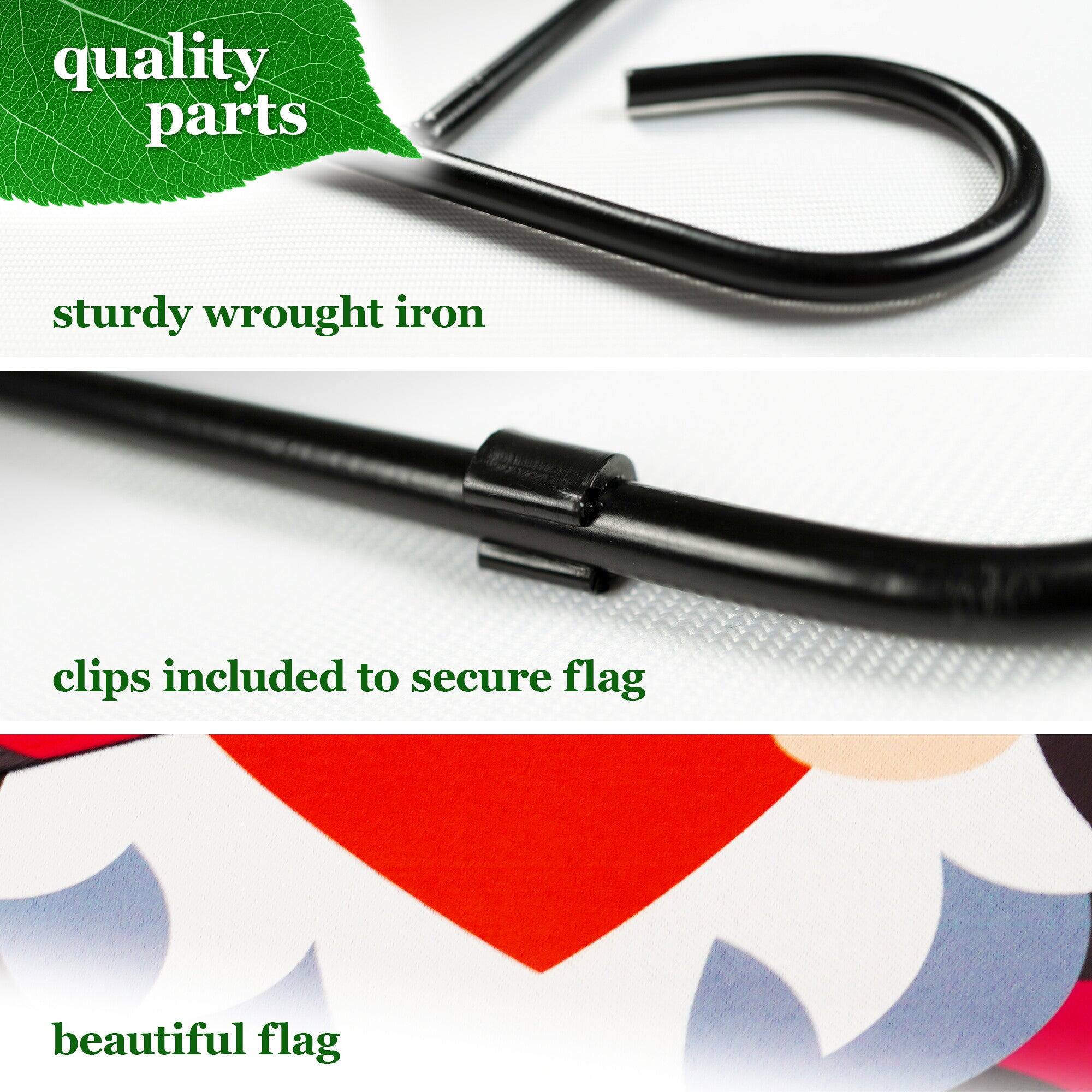 quality parts  
sturdy wrought iron  
clips included to secure flag  
beautiful flag