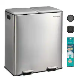Songmics Home - Trash Can, 2 x 8 Gallon (2 x 30 L) Double Garbage Can with Soft-Close Lids, Removable Inner Buckets, Pedals - Metallic Silver
