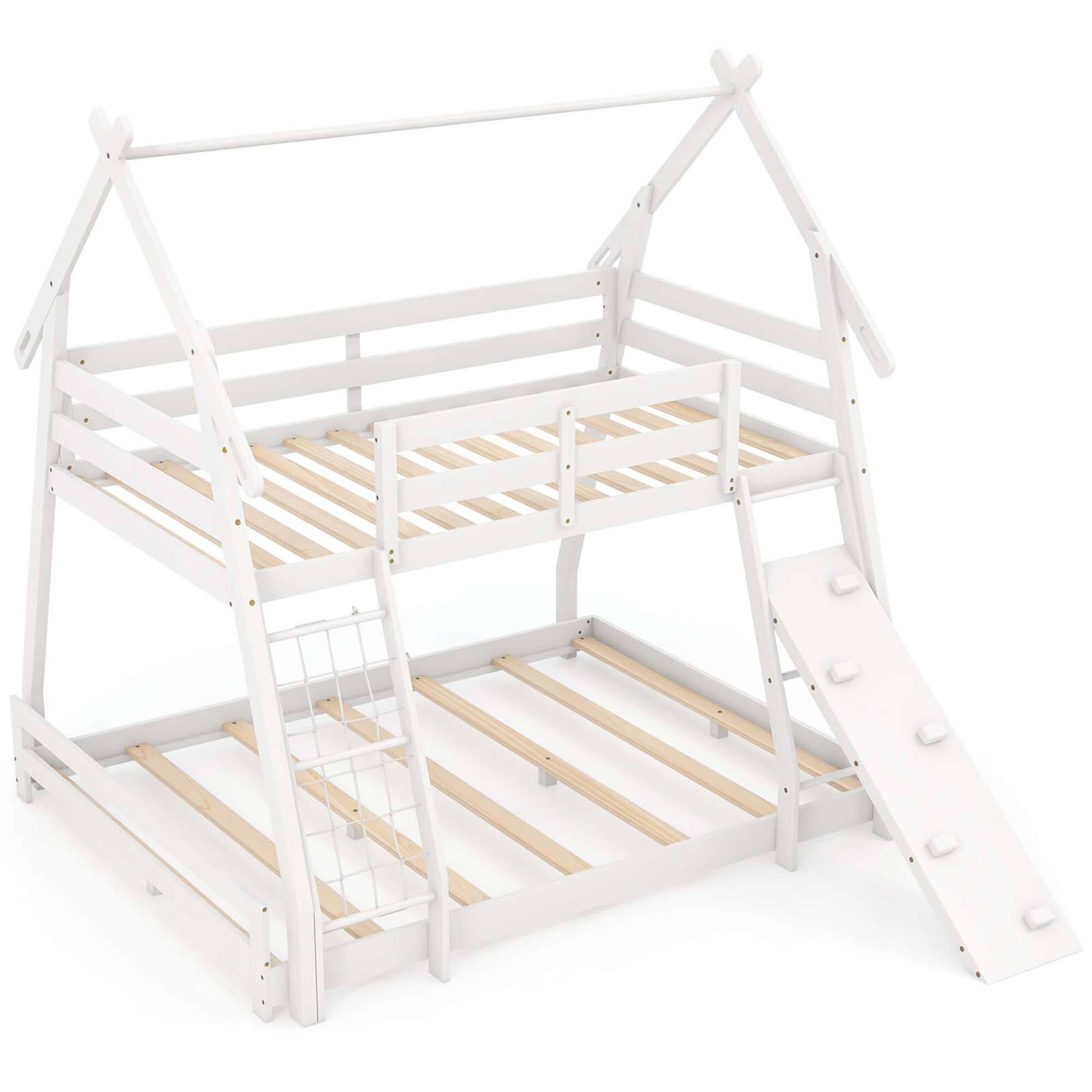 Front. Costway - Costway Twin Over Queen Bunk Bed House Shaped Bed Frame with Climbing Nets and Ramp - White.