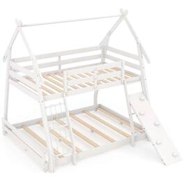 Costway - Twin Over Queen Bunk Bed House Shaped Bed Frame with Climbing Nets and Ramp - White