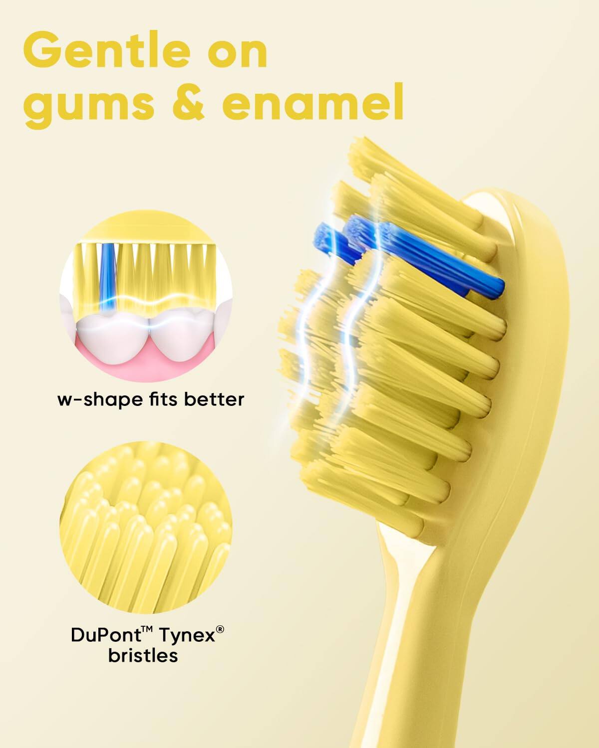 Gentle on gums & enamel  
w-shape fits better  
DuPont™ Tynex® bristles