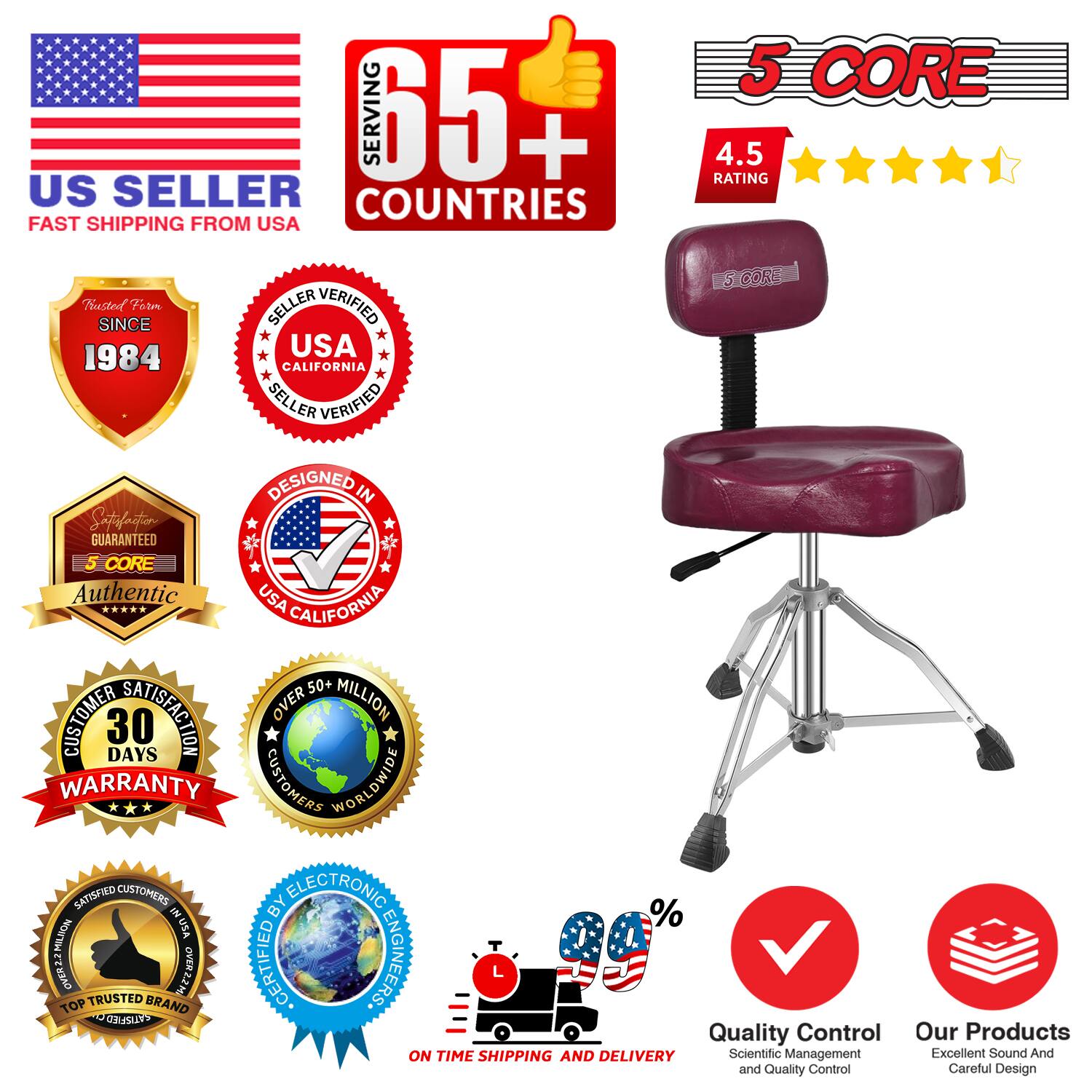 Sure, here is the corrected and grouped text from the image:

---

**US SELLER**  
FAST SHIPPING FROM USA

**SERVING 65+ COUNTRIES**

**5 CORE**  
4.5 RATING

**TRUSTED SINCE 1984**  
USA CALIFORNIA SELLER VERIFIED

**5 CORE Authentic**  
USA CALIFORNIA

**SATISFACTION GUARANTEED**

**30 DAYS WARRANTY**

**OVER 50+ MILLION CUSTOMERS WORLDWIDE**

**SATISFIED CUSTOMERS BY ELECTRONIC ENGINEERS**

**TOP TRUSTED BRAND**

**ON TIME SHIPPING AND DELIVERY**

**Quality Control**  
Scientific Management and Quality Control

**Our Products**  
Excellent Sound And Careful Design

---

This text is organized to reflect the key points and badges shown in the image.