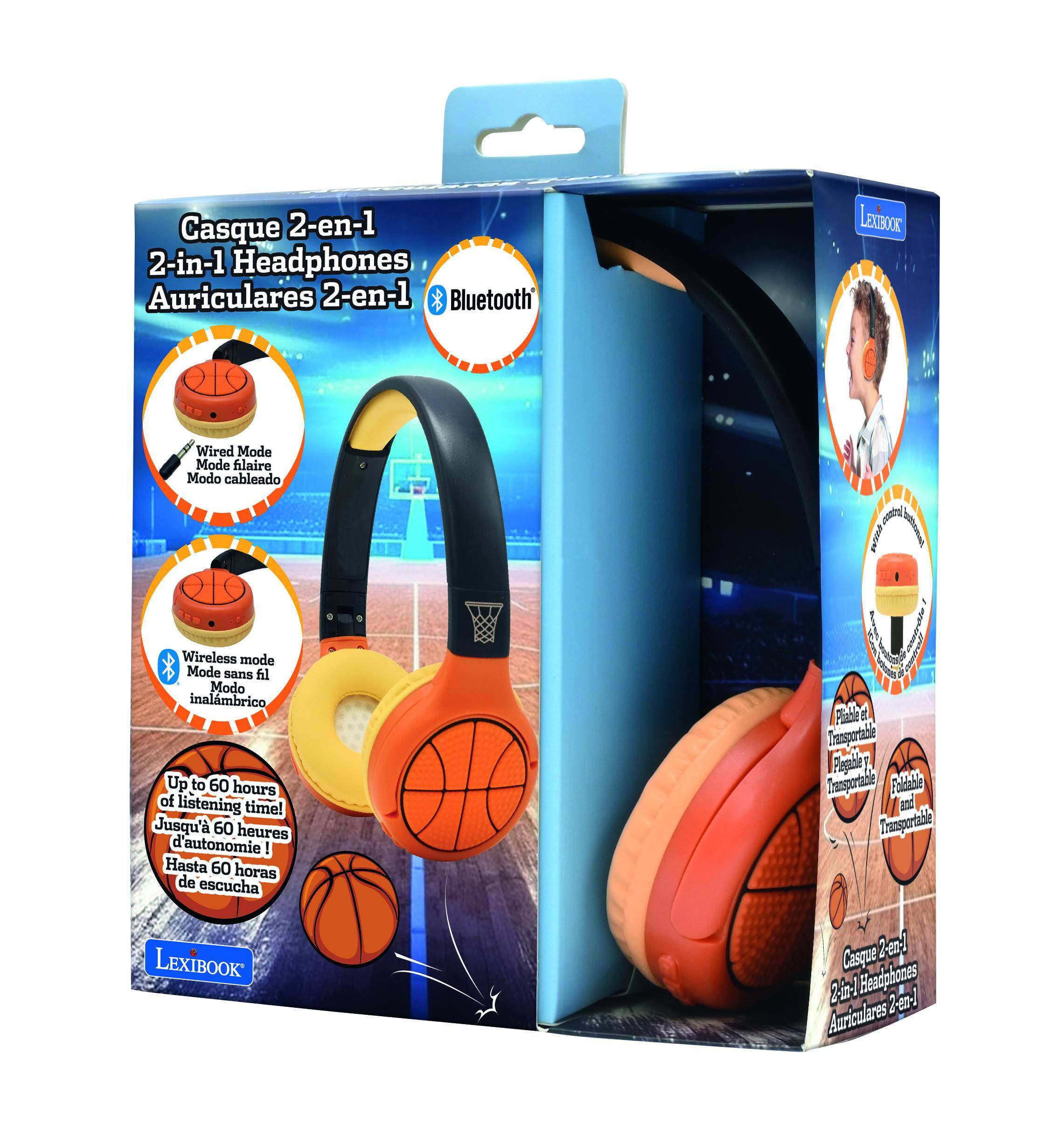 Casque 2-en-1  
2-in-1 Headphones  
Auriculares 2-en-1  
Bluetooth  

Wired Mode  
Mode filaire  
Modo cableado  

Wireless mode  
Mode sans fil  
Modo inalámbrico  

Up to 60 hours of listening time!  
Jusqu'à 60 heures d'autonomie  
Hasta 60 horas de escucha  

Flexible and Transportable  
Flexible et Transportable  
Plegable y Transportable  

LEXIBOOK