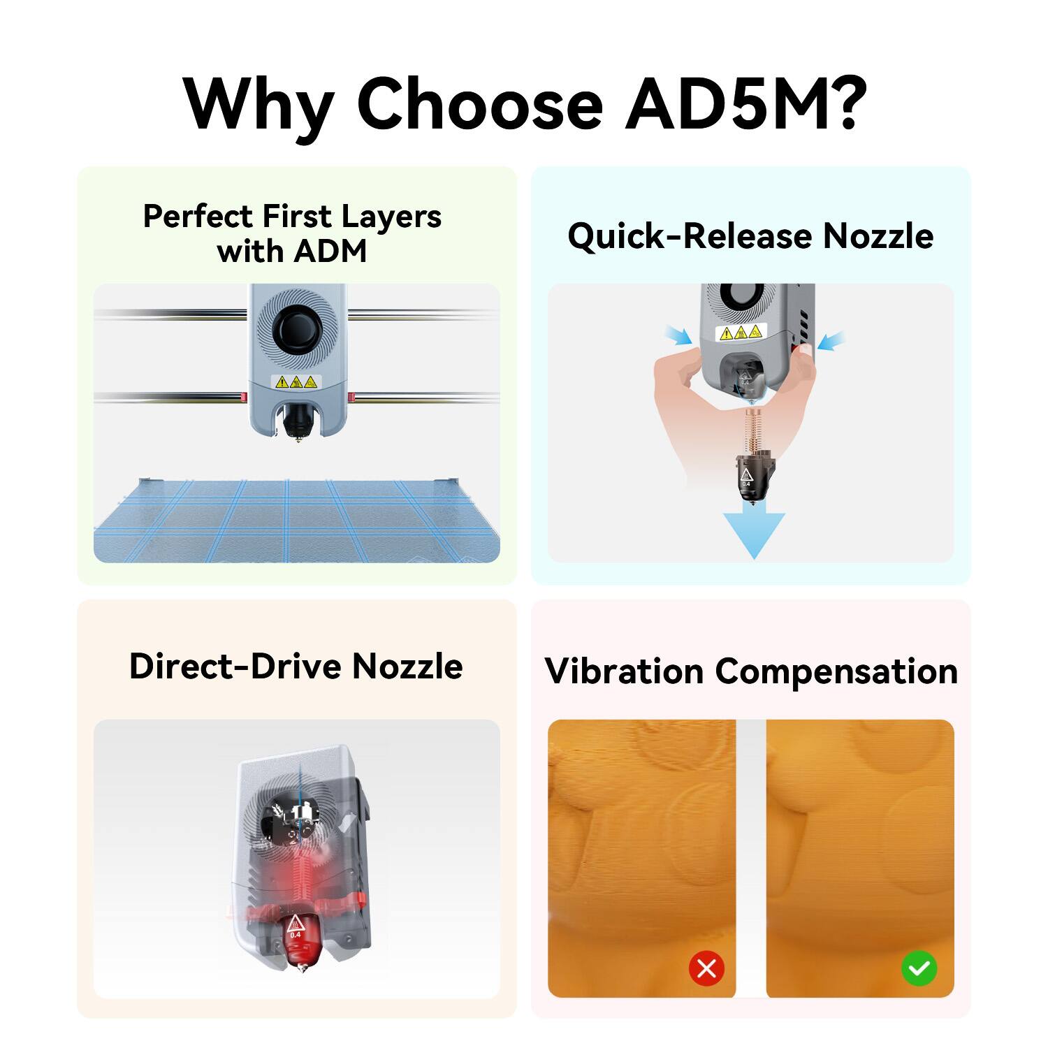 Why Choose AD5M?

- Perfect First Layers with ADM
- Quick-Release Nozzle
- Direct-Drive Nozzle
- Vibration Compensation