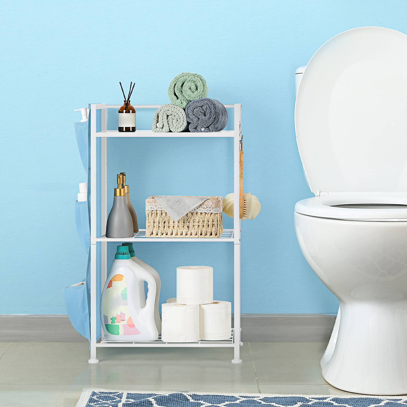 Alt View 3. Oumilen - 3-Tier Bathroom Storage Shelf with Fabric Side Pockets, Rustic Wood Top， Blue - White.