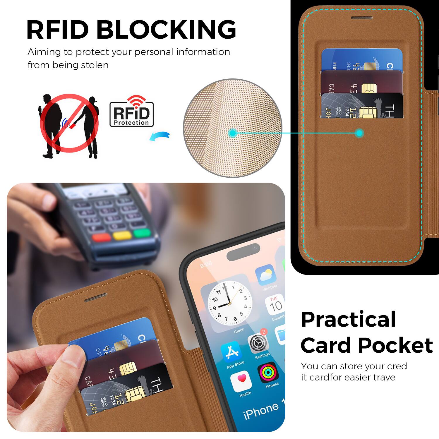 RFID BLOCKING  
Aiming to protect your personal information from being stolen  

RFID Protection  

Practical Card Pocket  
You can store your credit card for easier travel
