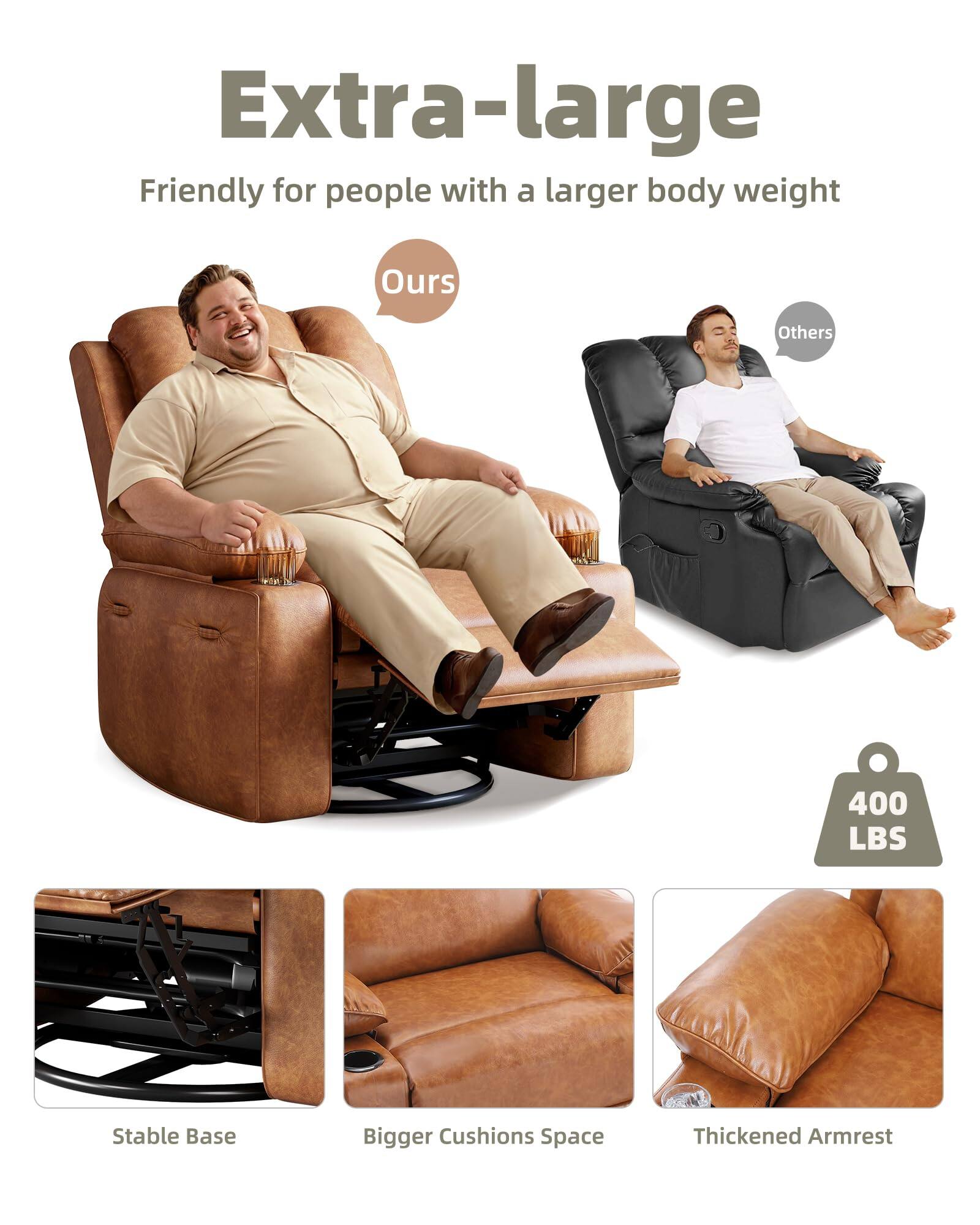 Extra-large  
Friendly for people with a larger body weight  

Ours  
Others  

400 LBS  

Stable Base  
Bigger Cushions Space  
Thickened Armrest
