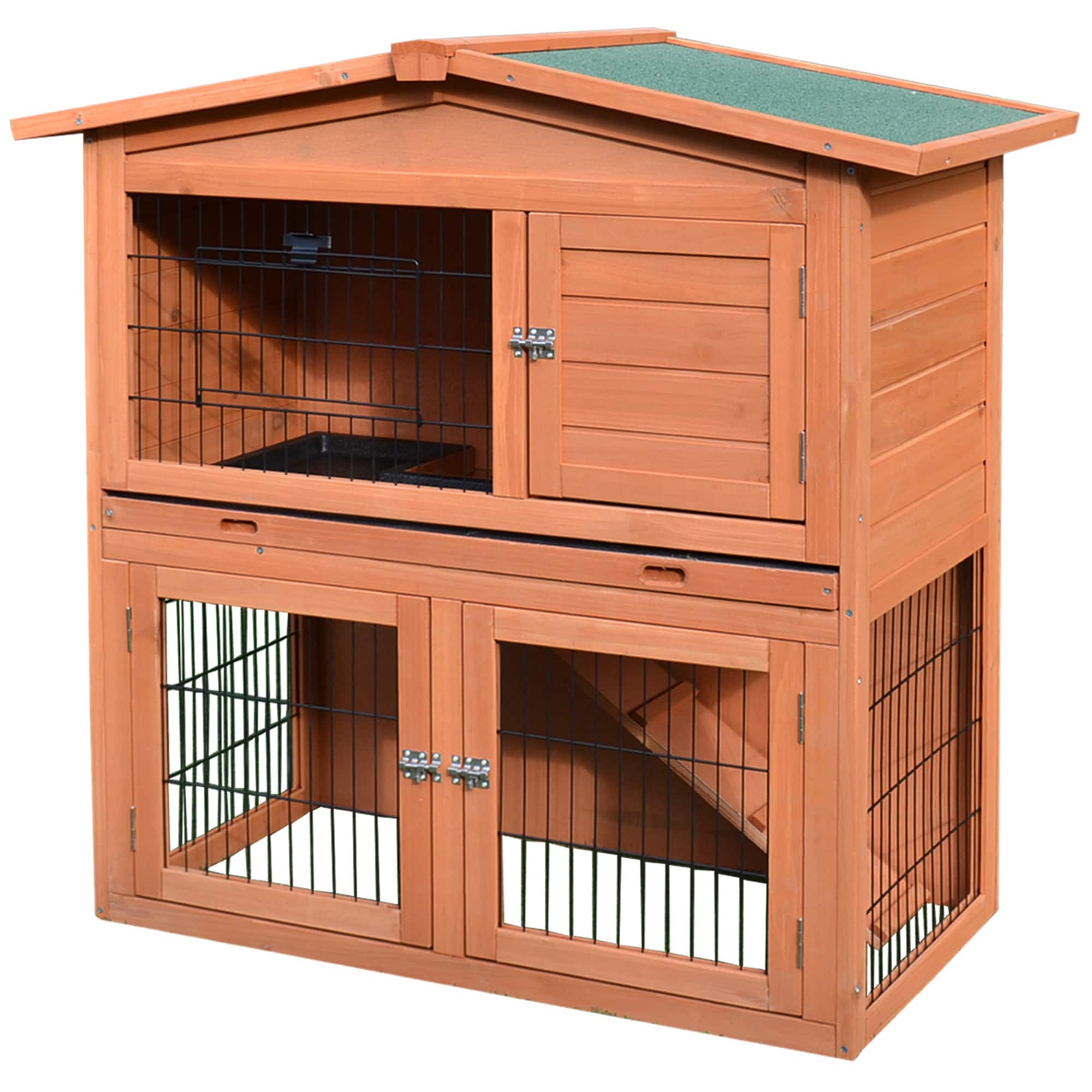 Pawhut - 40" Wooden Rabbit Hutch Bunny Cage Small Animal House with No Leak Tray, Ramp, Weatherproof Roof for Outdoor