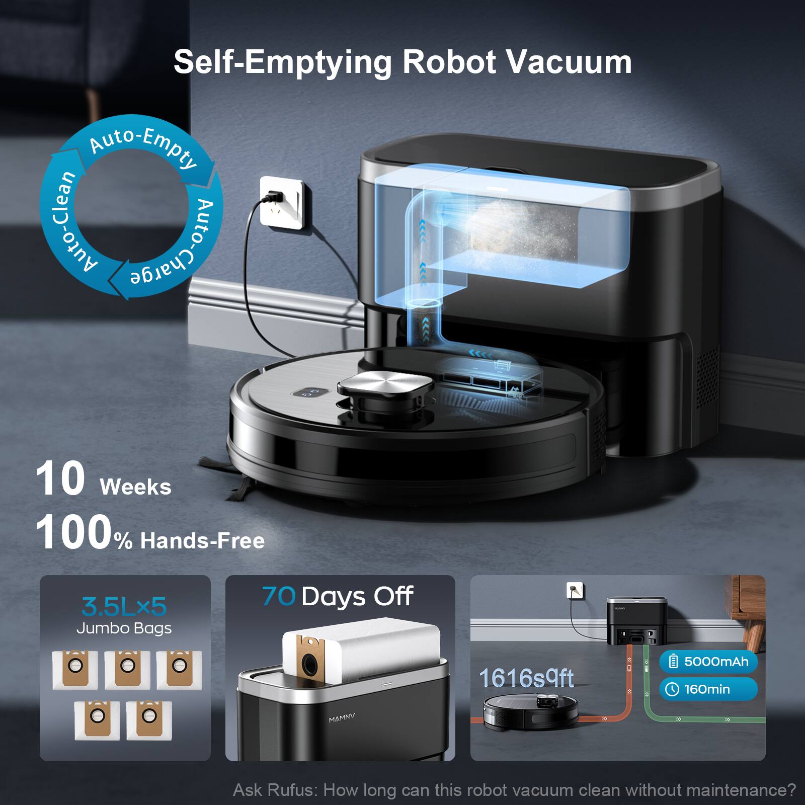 Self-Emptying Robot Vacuum Auto-Empty Auto-Clean Auto-Charge 10 Weeks 100% Hands-Free 3.5Lx5 Jumbo Bags 70 Days Off 1616sqft 5000mAh 160min

Ask Rufus: How long can this robot vacuum clean without maintenance?