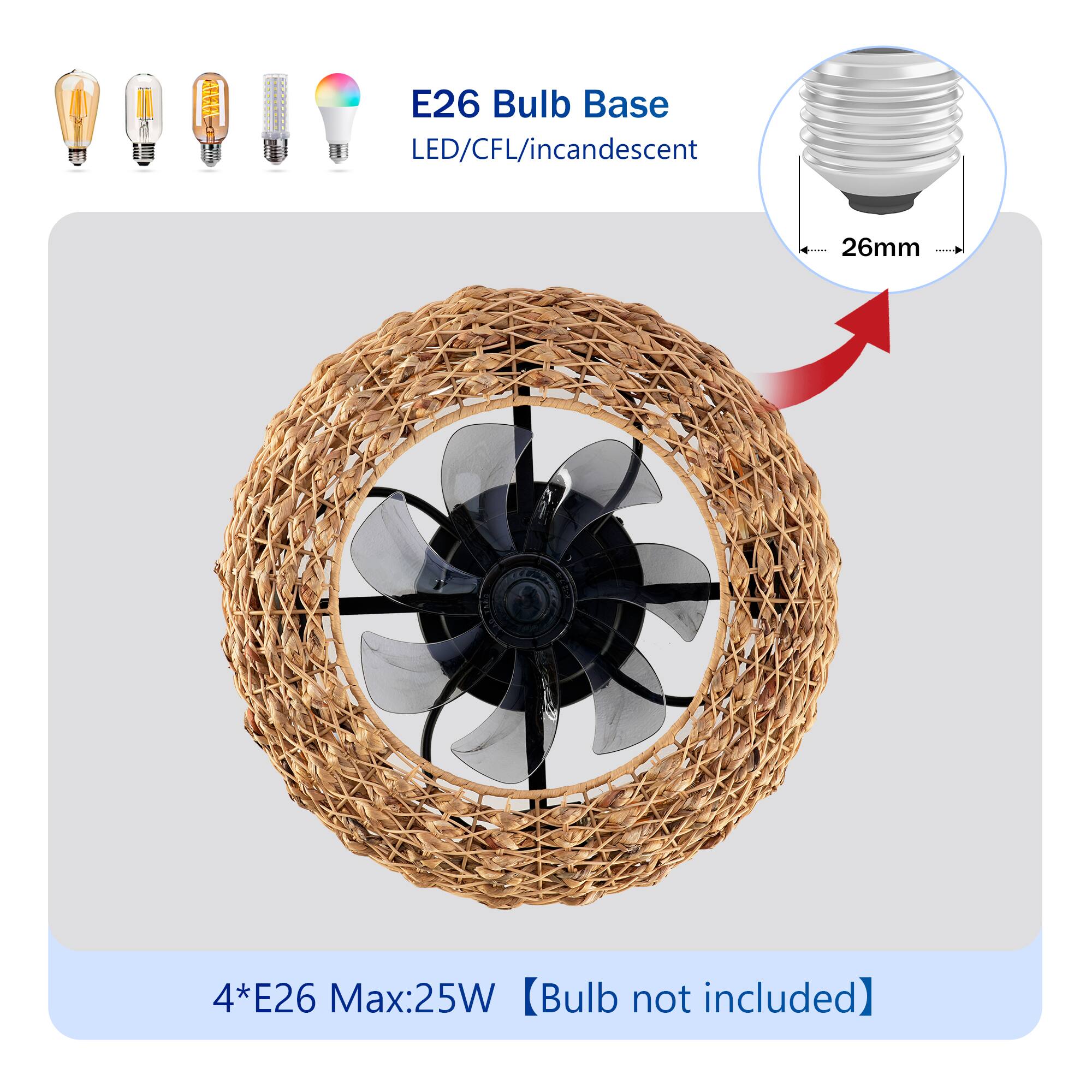 E26 Bulb Base  
LED/CFL/Incandescent  
26mm  

4*E26 Max:25W  
[Bulb not included]