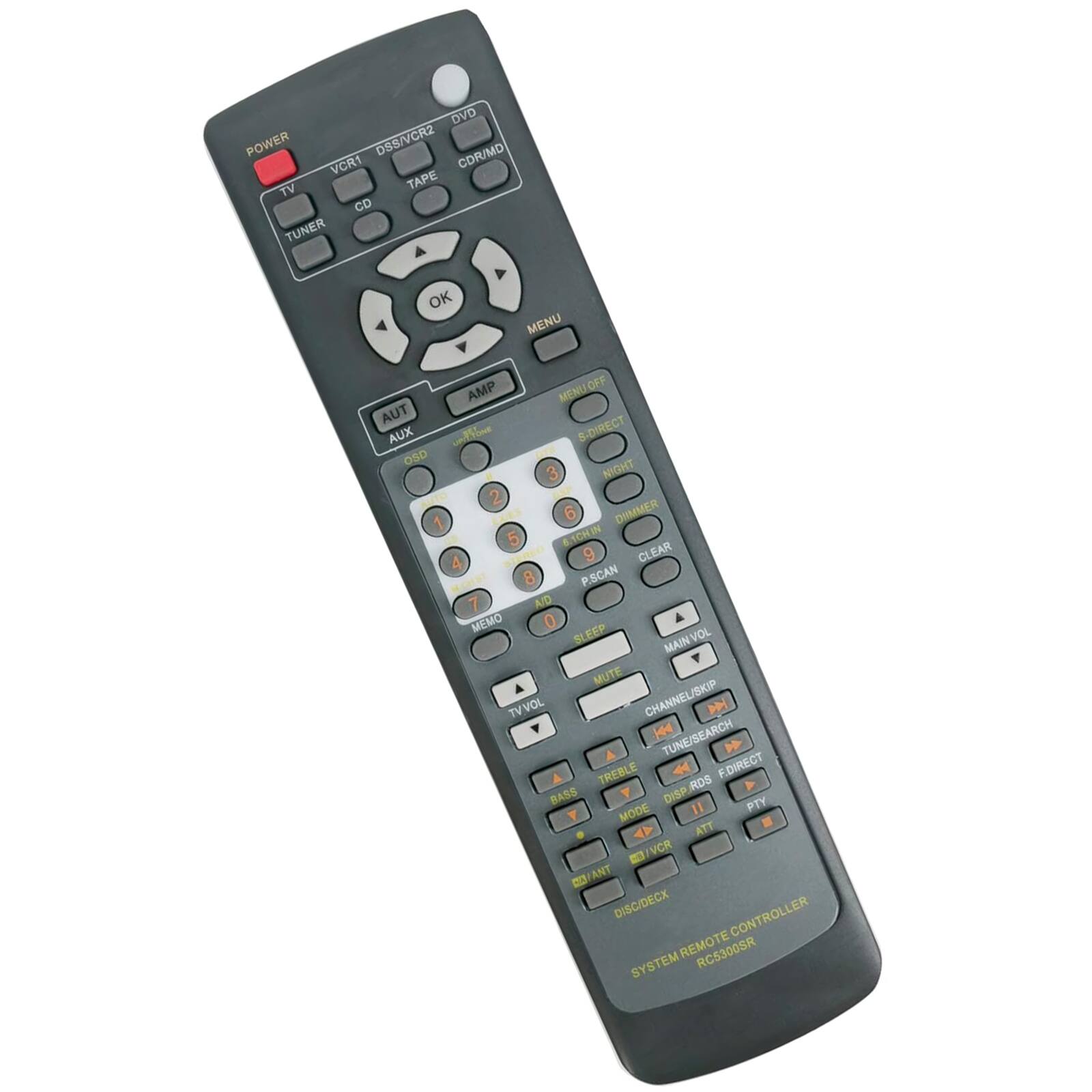 DVD POWER D88/VCR2 CDR/MD VCR1 TV TAPE CD TUNER OK MENU AMP OFF MENU AUT AUX wnllo S-DIRECT OSD 3 NIGHT 2 1 DIMMER 5 B1CHIN A aNo 9 CLEAR 8 P.SCAN 7 AID MEMO 0 S EEP VOL MAIN MUTE SKIP TV VOL CHANNEL/S H TUNE/SEARCH TREBLE F.DIRECT RDS BASS DISP PTY Y MODE 11 ATT - VCR ANT 0 DISC/DECX CONTROLLER REMOTE RC53005R SYSTEM