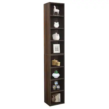 Front. Ecooso - 8-Tier Media Tower Rack, CD Slim Storage Cabinet with Adjustable Shelves, Multi-functional double-decker bookcase - Walnut.