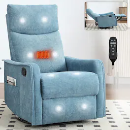 Ropilly - Fabric Massage Recliner with Swivel Rocker and Lumbar Heat, Manual Reclining Chair for Living Room - Blue