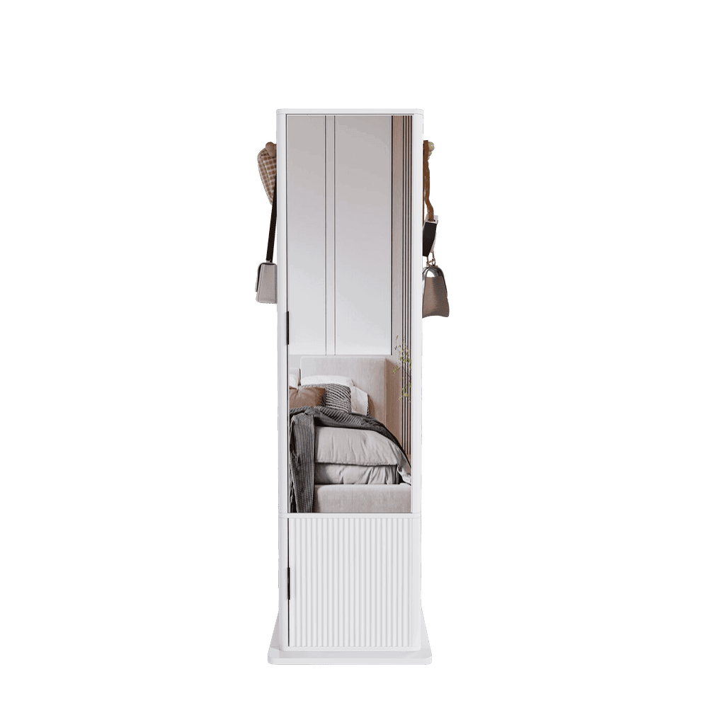 Alt View 7. Kadyn - 360° Rotating Makeup & Jewelry Cabinet, Full Length Mirror Cabinet with Coat Rack, 4 Open & 2 Built-In Shelves, White.