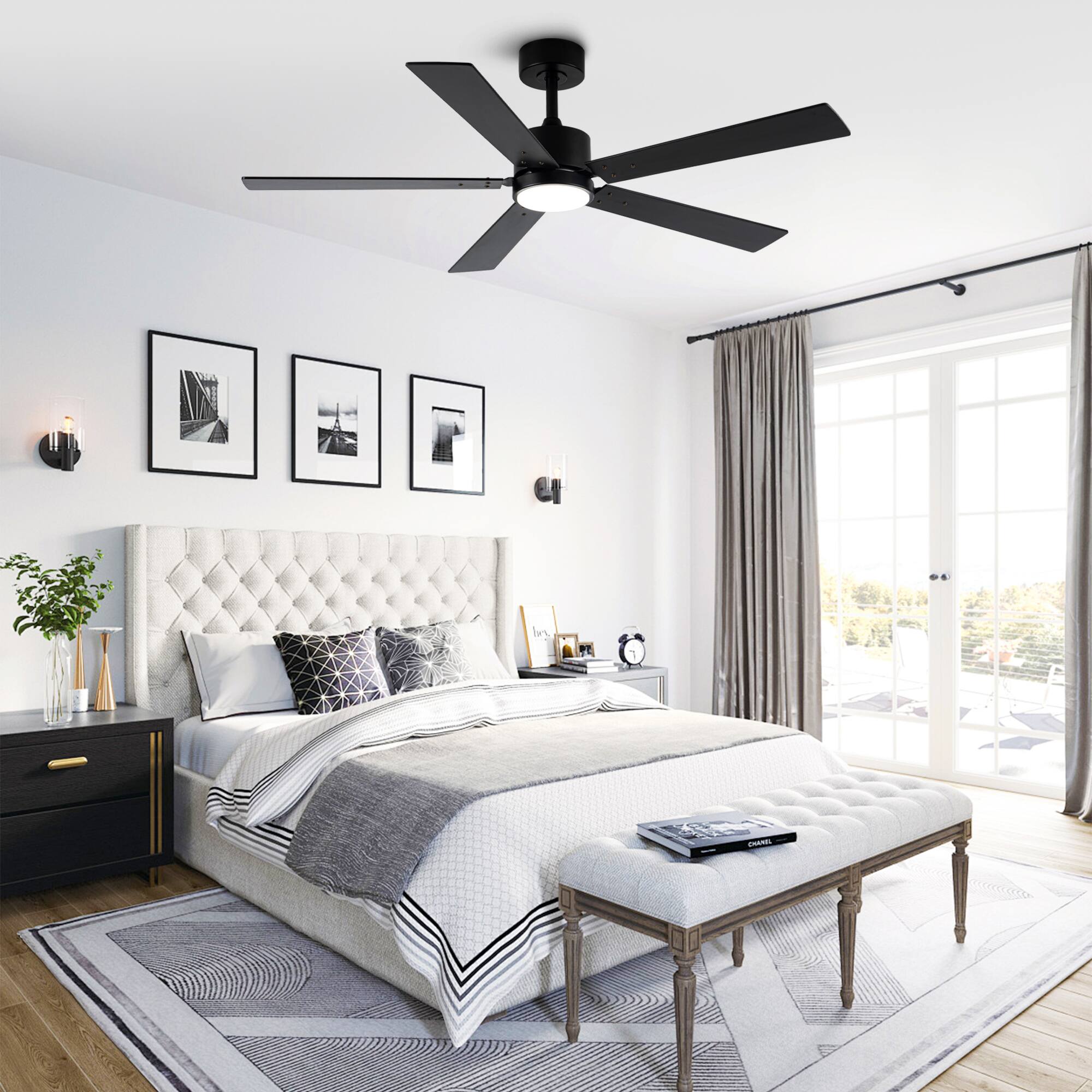 Left. Vaczon - 52" Modern Black Integrated LED Ceiling Fan with Light and Remote Control and APP Control - Black.