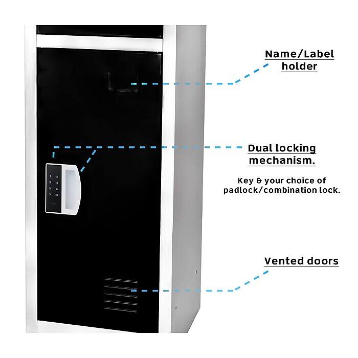 Name/Label holder, Dual locking mechanism. Key & your choice of padlock/combination lock, Vented doors