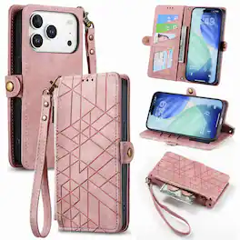 Dteck - Magnetic Wallet Case For iPhone 17 Pro Max, Shockproof Zipper Kickstand Card Holder with Lanyard Flip Cover - Pink