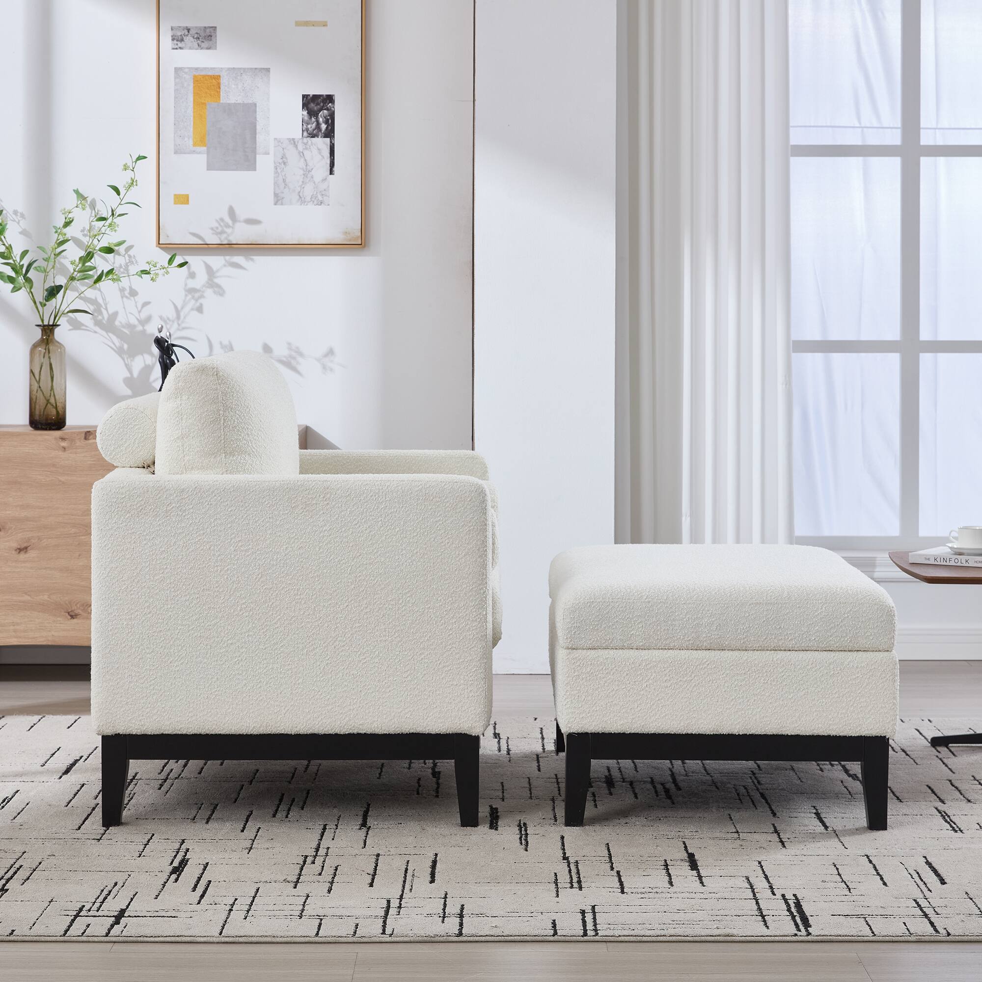 Back. APRILSOUL - Wide Farmhouse Performance Upholstered Wood Base Square Accent Arm Chair for Living Room Office and Lounge Ivory Boucle - Ivory.