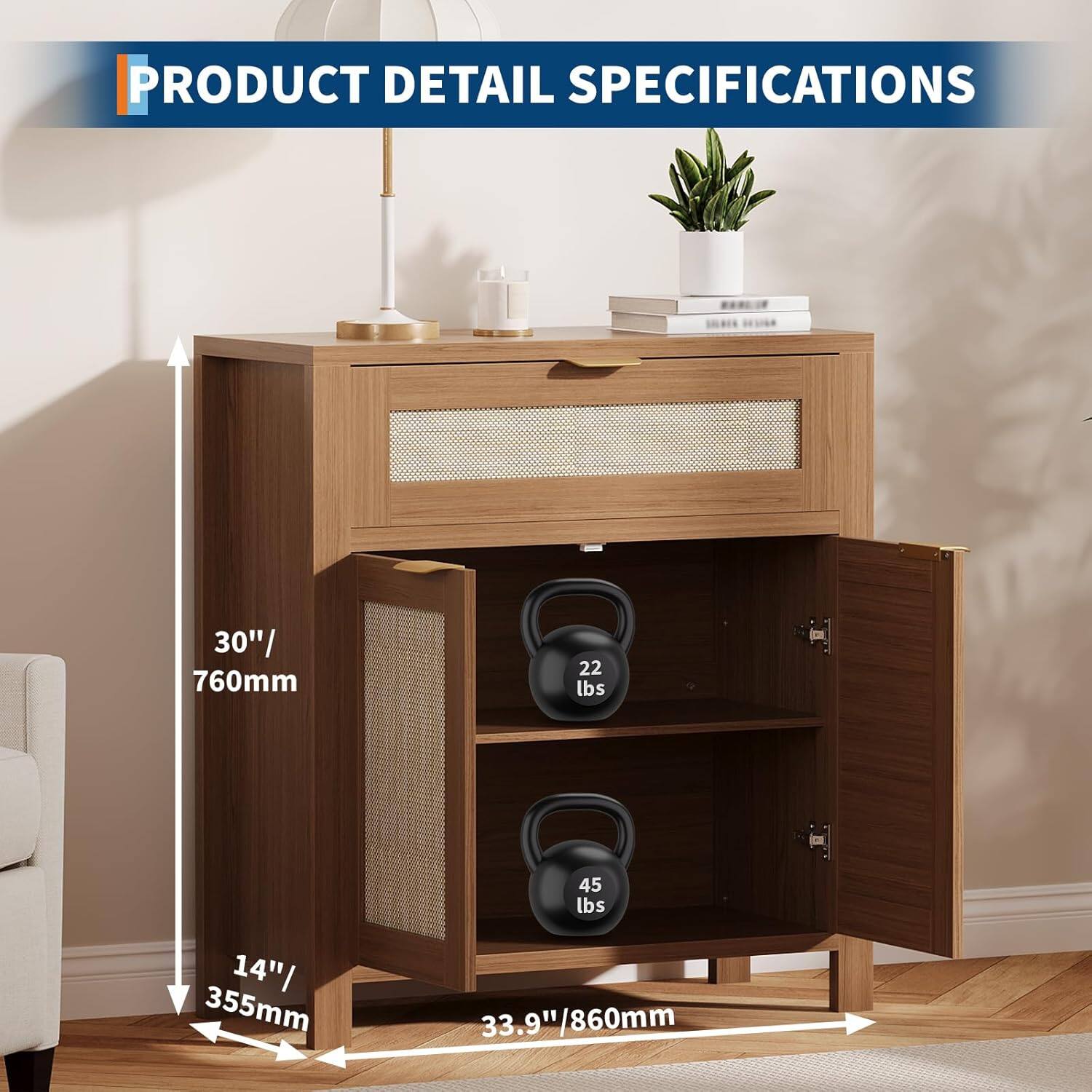 PRODUCT DETAIL SPECIFICATIONS

- Height: 30" / 760mm
- Depth: 14" / 355mm
- Width: 33.9" / 860mm
- Weight Capacity: 22 lbs (top shelf), 45 lbs (bottom shelf)
