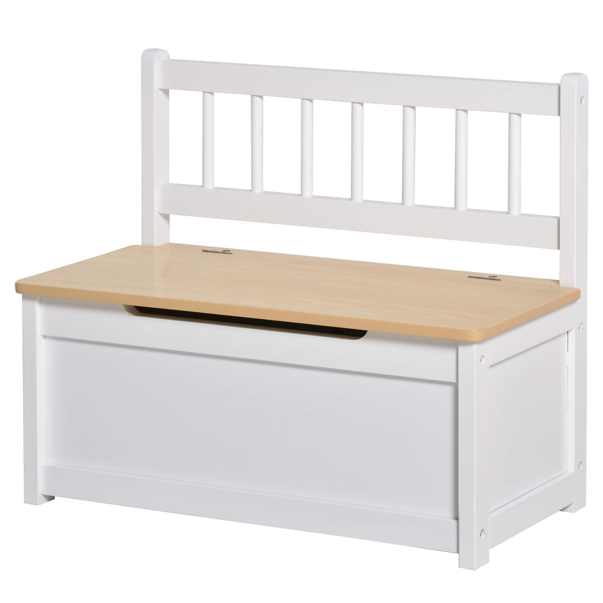 Qaba - Kids Wooden Toy Organizer Chest Storage Box with Seat Bench Cabinet Chunk Cube with Safety Pneumatic Rod - White