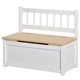 Qaba - Kids Wooden Toy Organizer Chest Storage Box with Seat Bench Cabinet Chunk Cube with Safety Pneumatic Rod - White