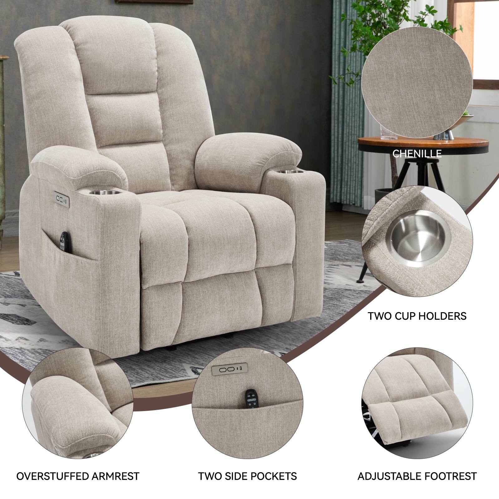 - Chenille
- Two Cup Holders
- Overstuffed Armrest
- Two Side Pockets
- Adjustable Footrest