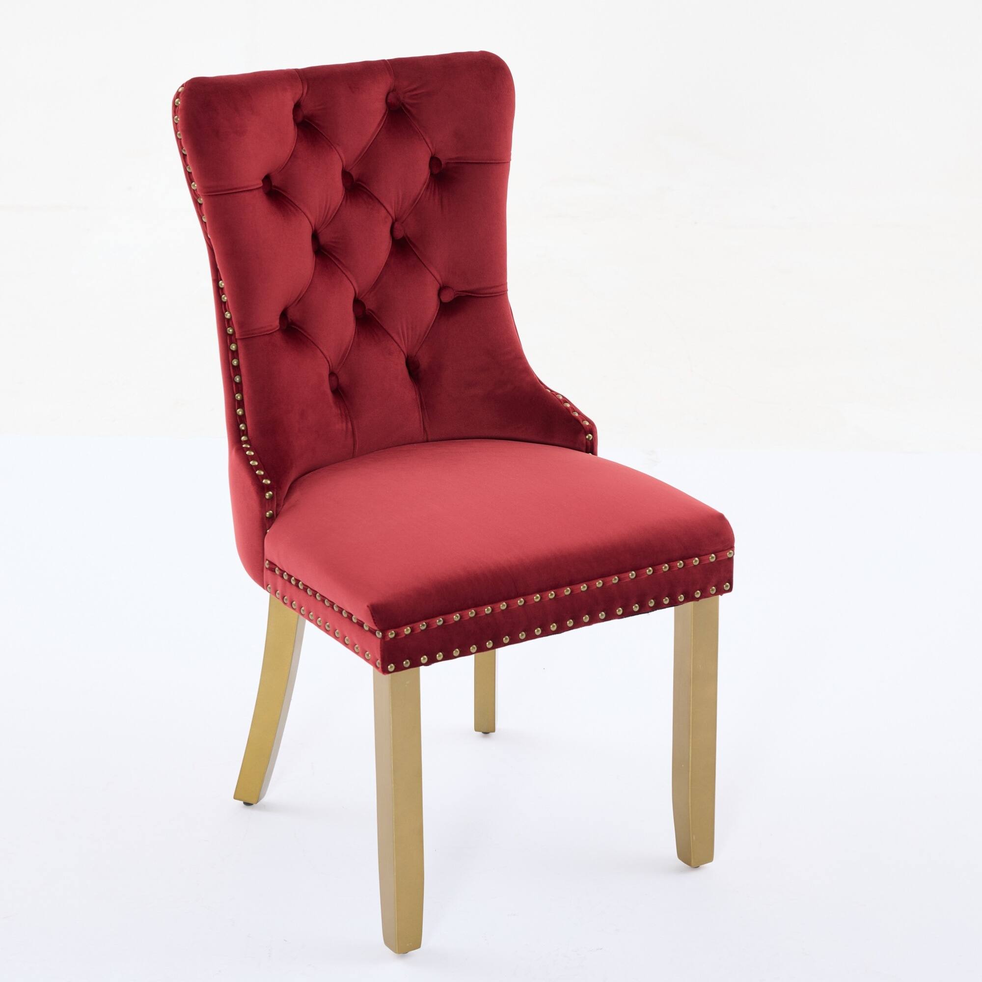 Back. GOODSILO - Modern Tufted Velvet Dining Chairs with Lion Head Pull Rings and Golden Wooden Legs, Set of 2 - Wine Red.